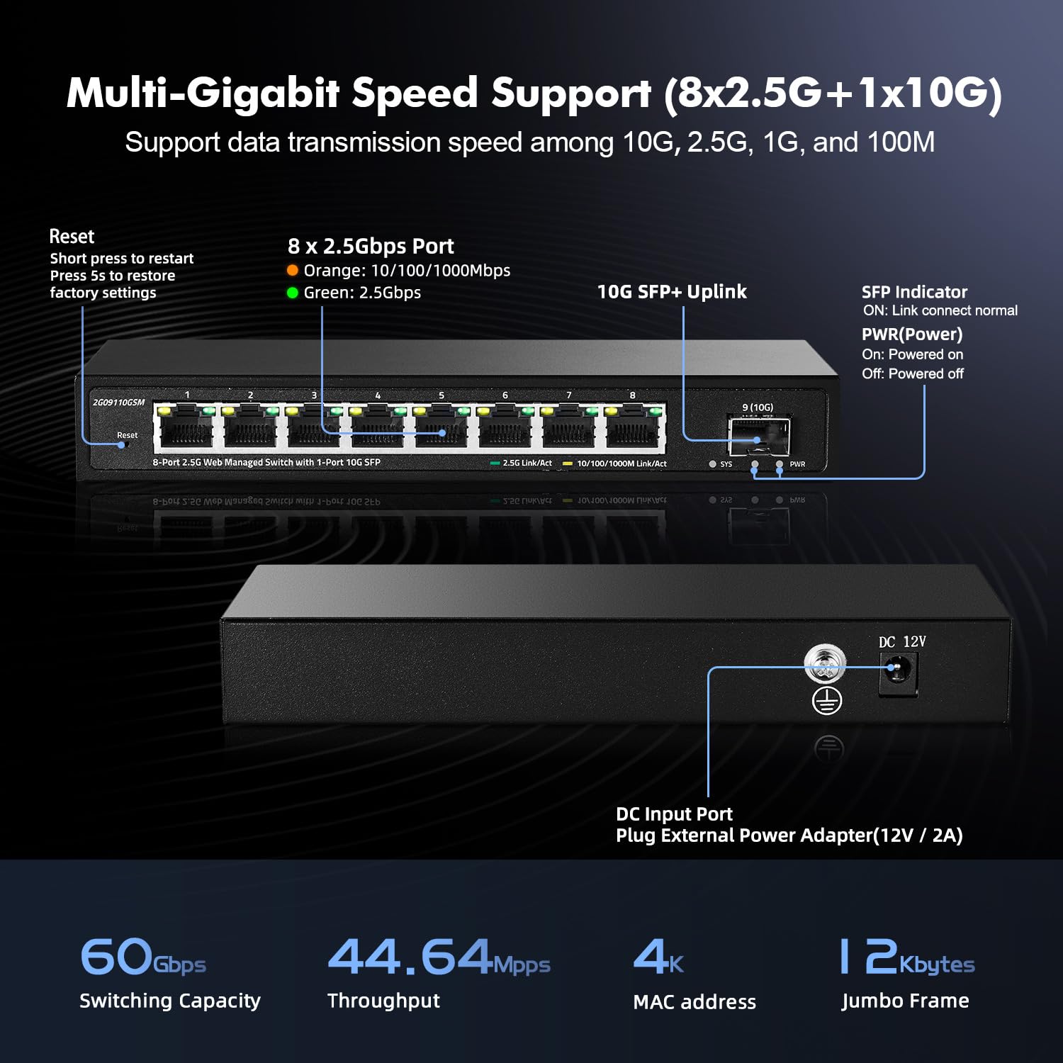 Yulinca 8 Port 2.5G Managed Switch With 10G Sfp+ Slot, 8 X 2.5Gigabit Ethernet Ports, Support Lacp/Qos/Vlan/Igmp, Metal Easy Web