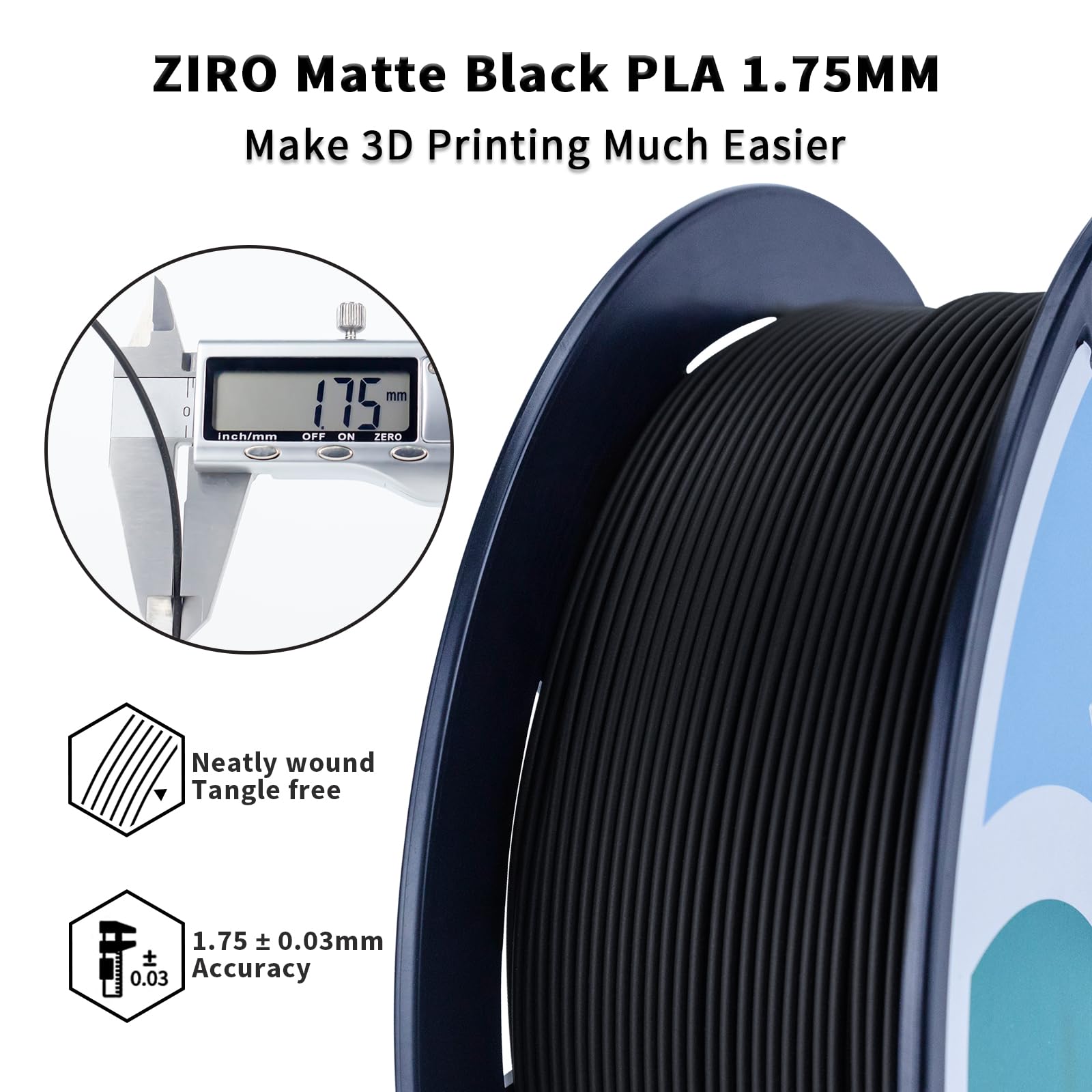 Ziro Matte Pla Filament 175Mm,1Kg 3D Printer Filament,High Toughness Pla,Dimensional Accuracy +  003Mm,Matte Pla Black