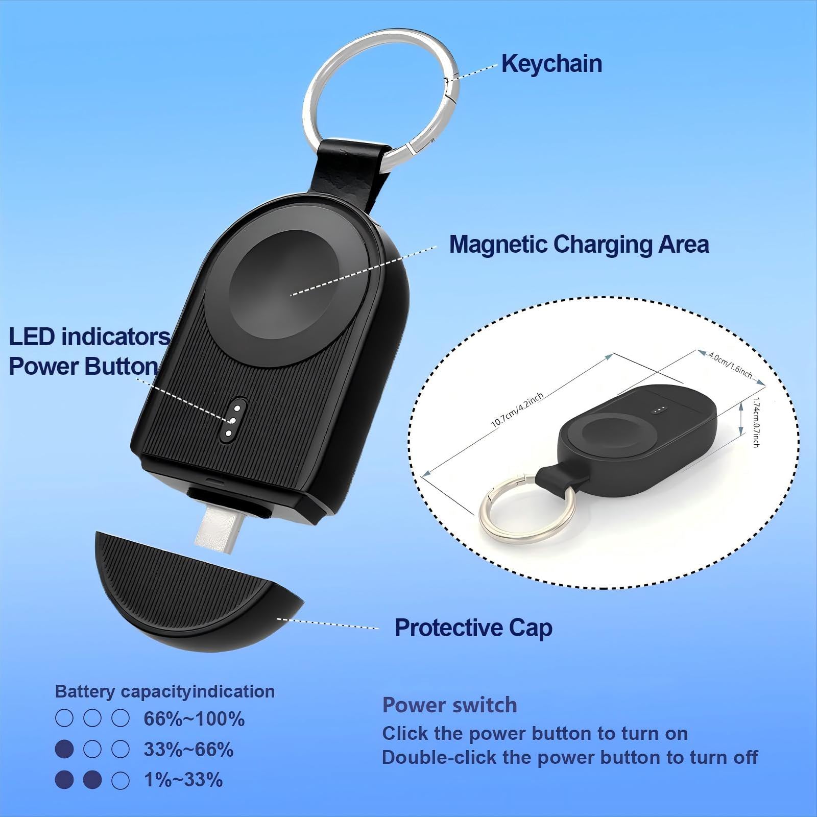 Portable Charger For Apple Watch,1200Mah Power Bank Magnetic Iwatch Charger Keychain Style Wireless Usb-C Travel Essential Fast