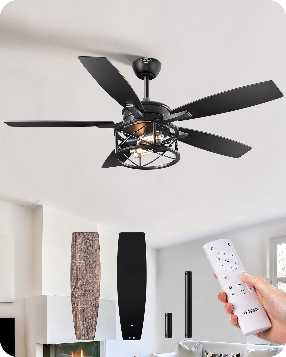 Edishine 52'' Black Farmhouse Ceiling Fans With Lights, Rustic Indoor/Outdoor Ceiling Fan With Light And Remote, Reversible Dc M
