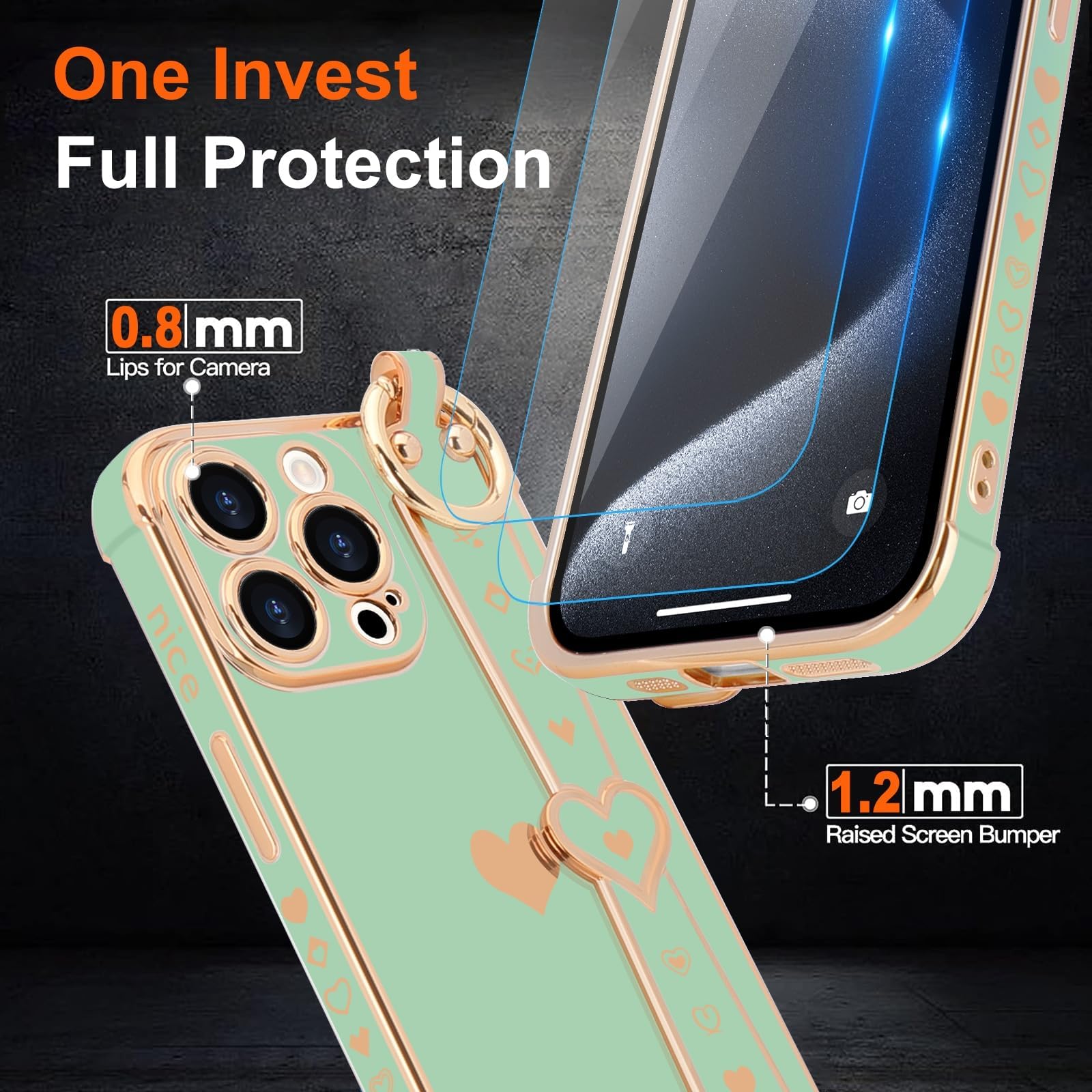 Llz.Coque For Iphone 15 Pro Case With Strap For Women Girls [2   Screen Protectors], Cute Love Hearts Design, Wristband Kickstan