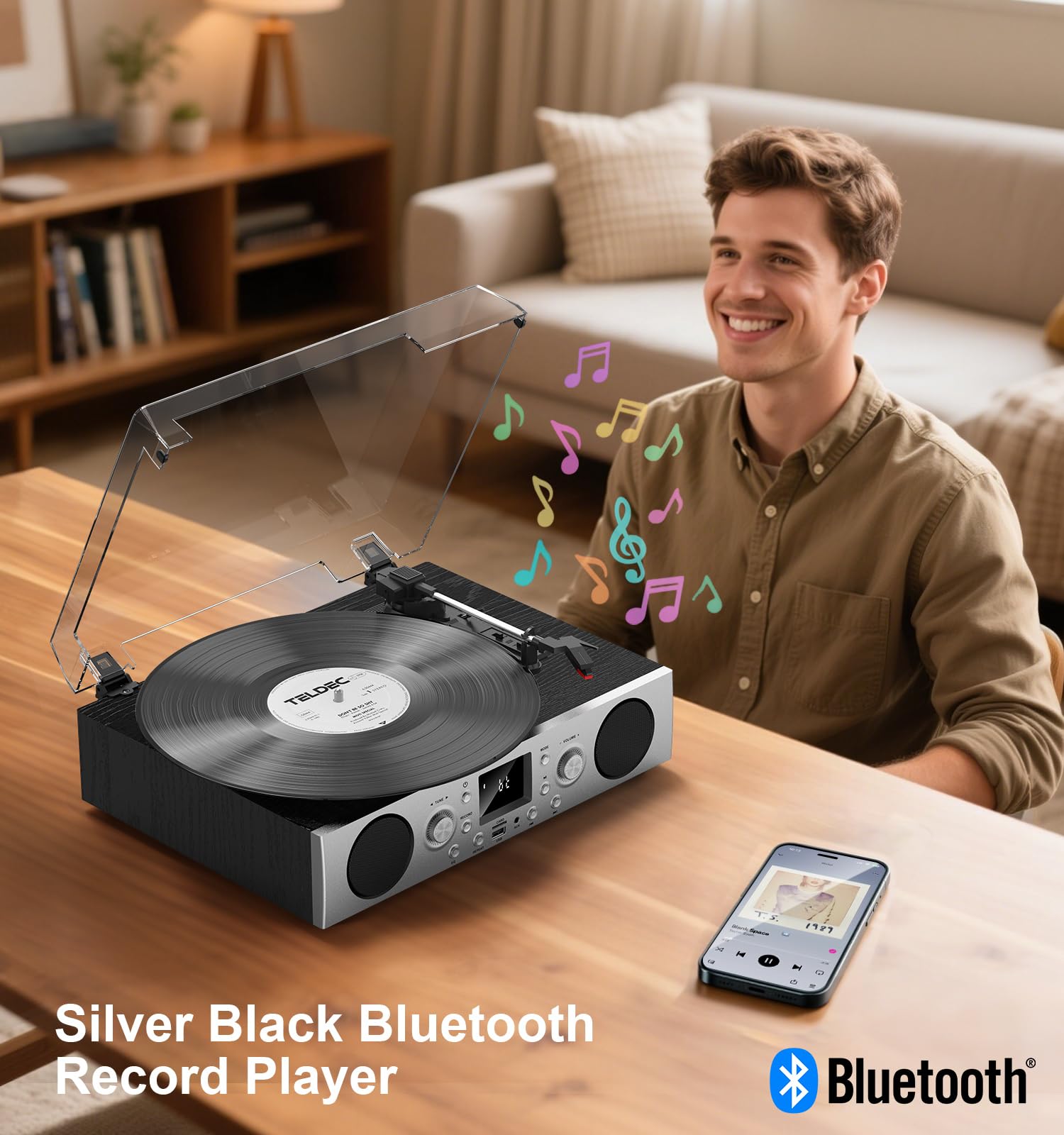 Vinylslink Record Player With Built In Speakers, Belt Driven Turntable Support 3 Speed, Fm Radio And Bluetooth Receiving, Rca Li