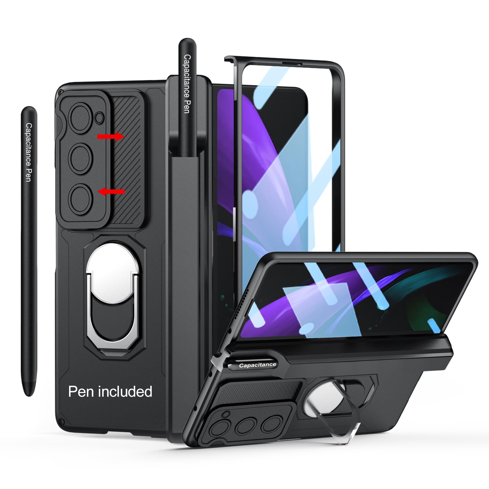 Libeagle Compatible With Samsung Galaxy Z Fold 2 Case Heavy Duty Protective, Camera Lens Cover, Capacitance Pen & Pen Holder & H