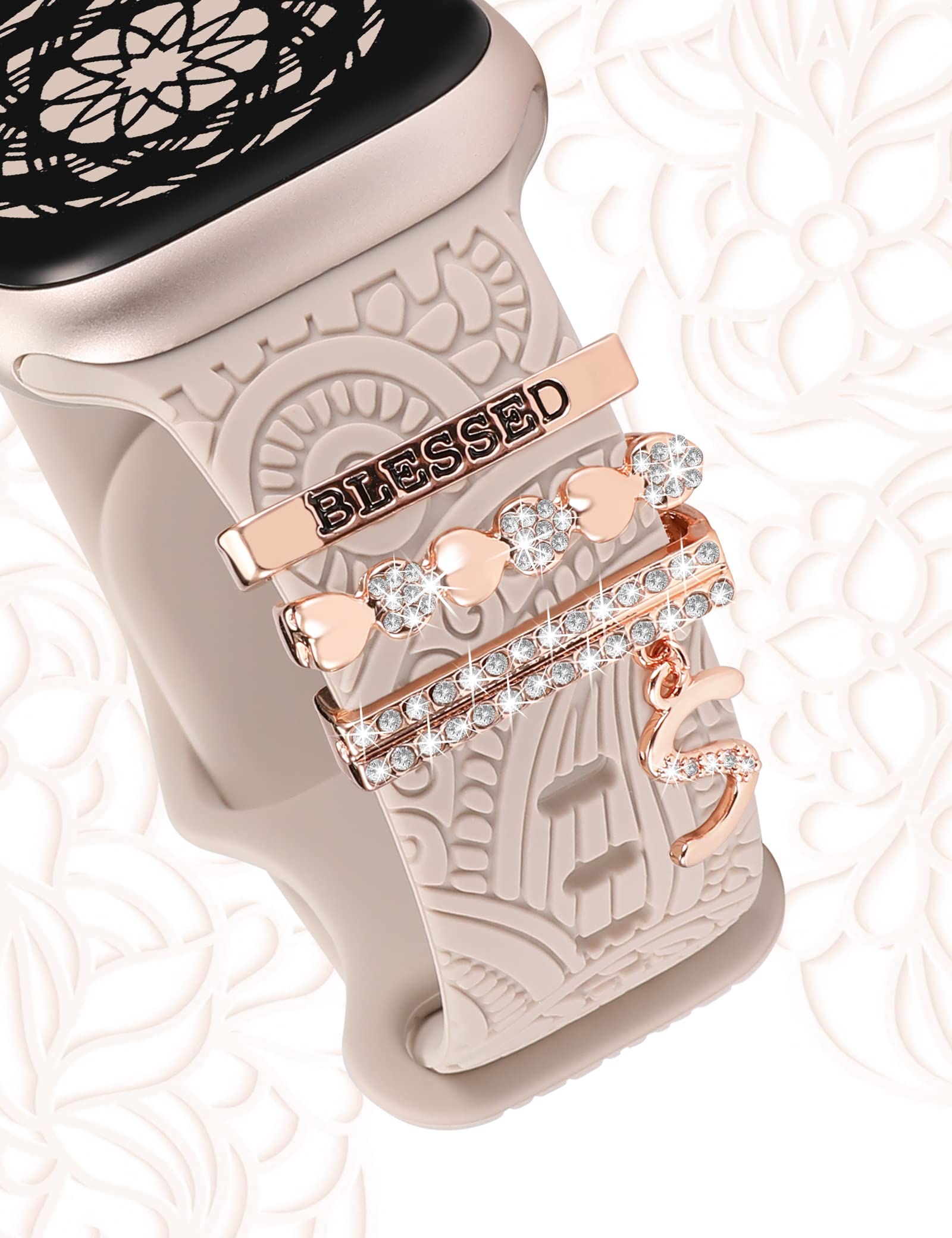 (Include Band) Decorative Ring Loops Compatible With Apple Watch Band Charms 41Mm 40Mm 38Mm Women, Toyouths Boho Engraved Fancy