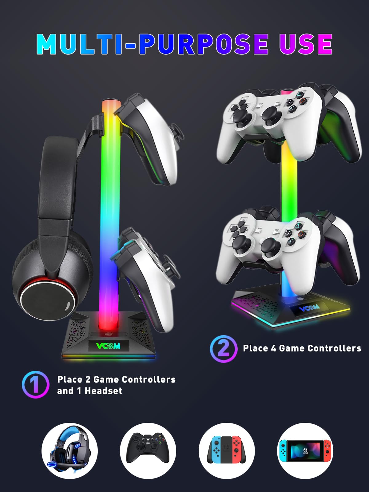 V Vcom Rgb Gaming Headphones Stand With 2 Usb Ports Headset Stand With 10 Light Modes And Non Slip Rubber, Suitable For All Earp