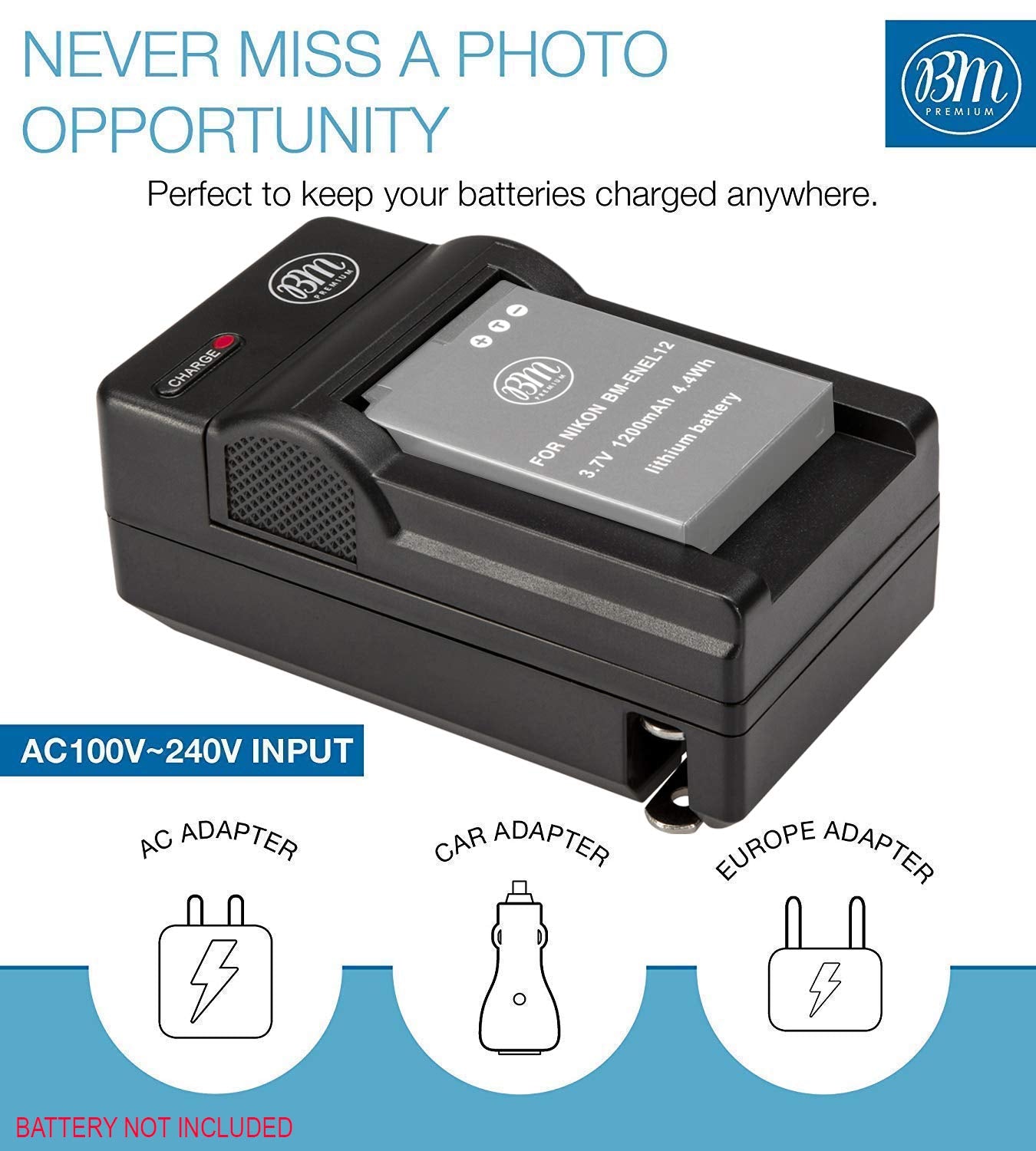 BM EN EL12 Battery Charger for Nikon Coolpix A1000 B600 W300 A900 AW100 AW110 AW120 AW130 S6200 S6300 S8100 S8200 S9050 S9200 S9300 S9400 S9500 S9700 S9900 P310 P330 P340, KeyMission