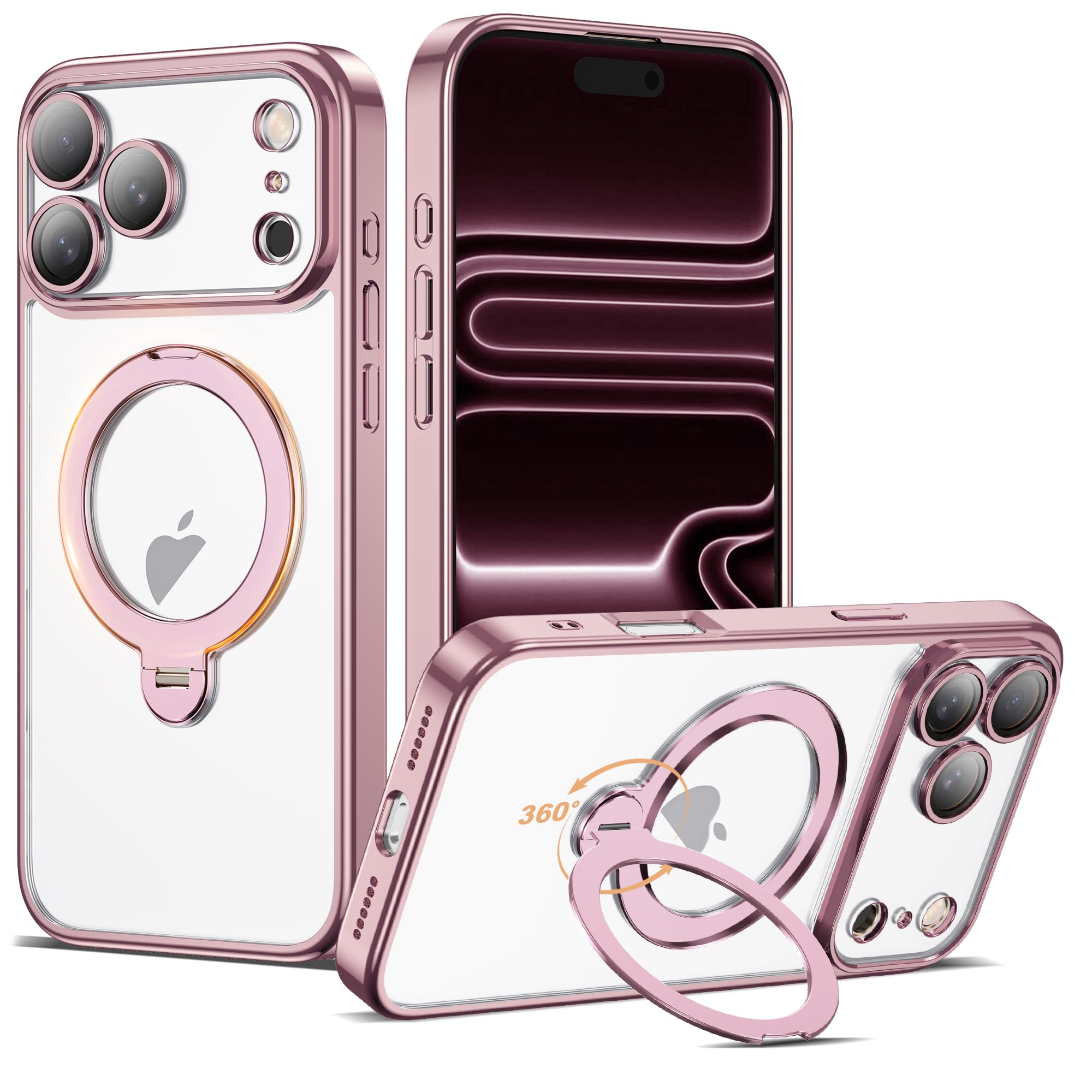 AmoraAqua Compatible with iPhone 17 Pro Max Case with 360 Rotatable Magnetic Ring Stand [Compatible with Mag-Safe] Camera Lens P