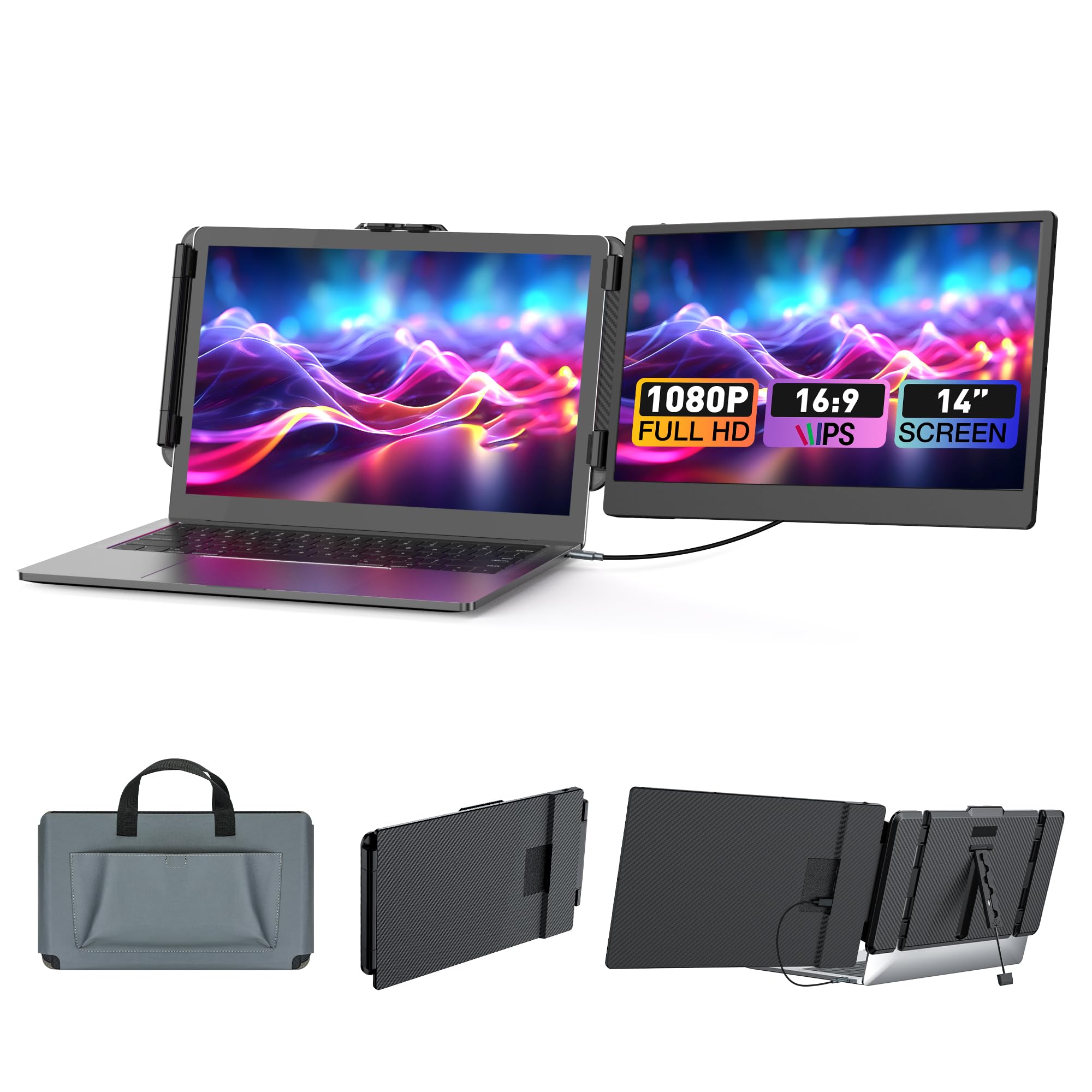 Kwumsy Portable Laptop Screen Extender S1 Slim 14'' Ips Fhd 1080P Extended Portable Monitor For Laptop,Type C Travel Laptop Moni