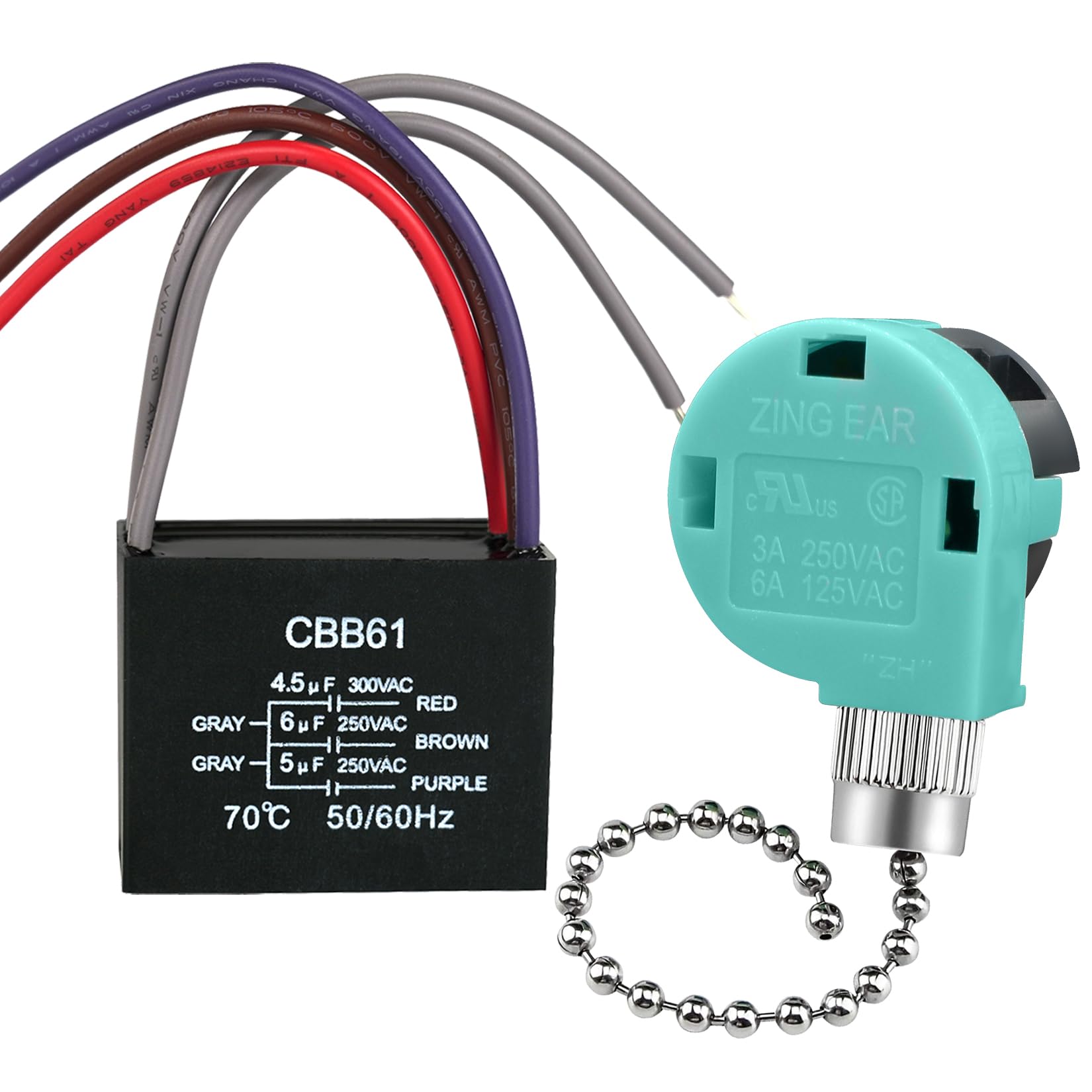 Ceiling Fan Capacitor Cbb61 4.5Uf + 6Uf + 5Uf 5Wire 250V, Ceiling Fan Switch 3 Speed 4 Wire Pull Chain Switch For Fan, Wall Lamp