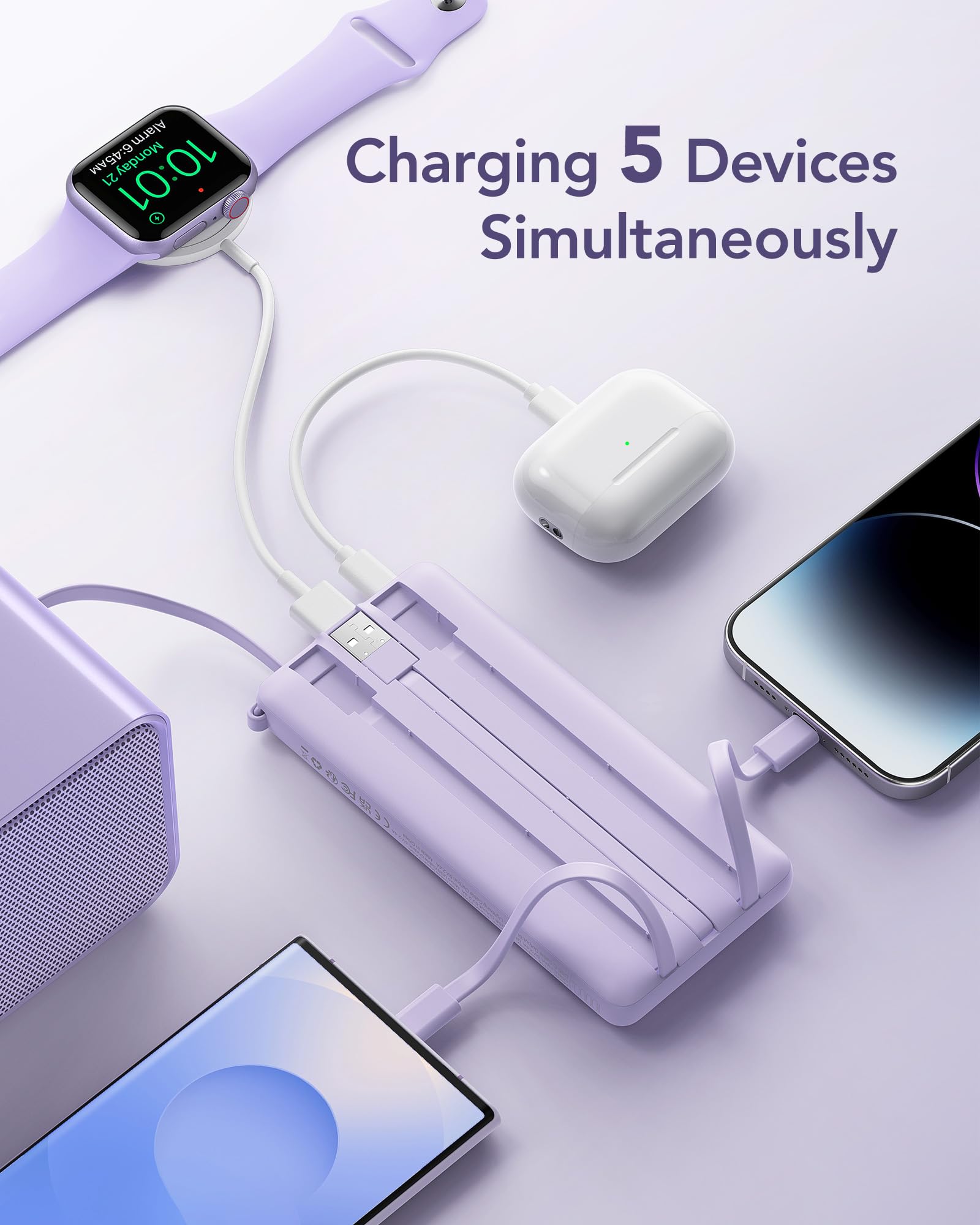 Vrurc Portable Charger Power Bank, 10000Mah Travel Essentials Battery Pack, 5 Outputs 2 Inputs Slim Charging Bank Built-In Cable