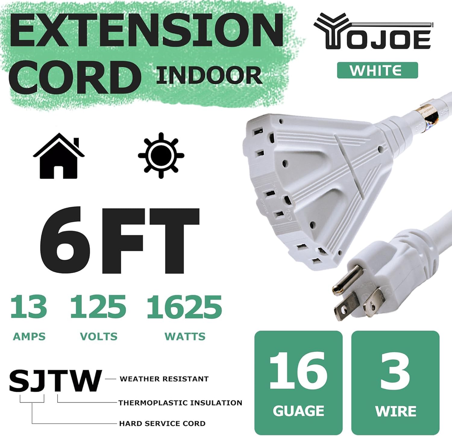 Yojoe 3 Outlets Indoor Outdoor Extension Cord, 3 Prong 13A Weatherproof Power Cord Multiple Outlets, 16 Gauge Heavy Duty 6 Ft Wh