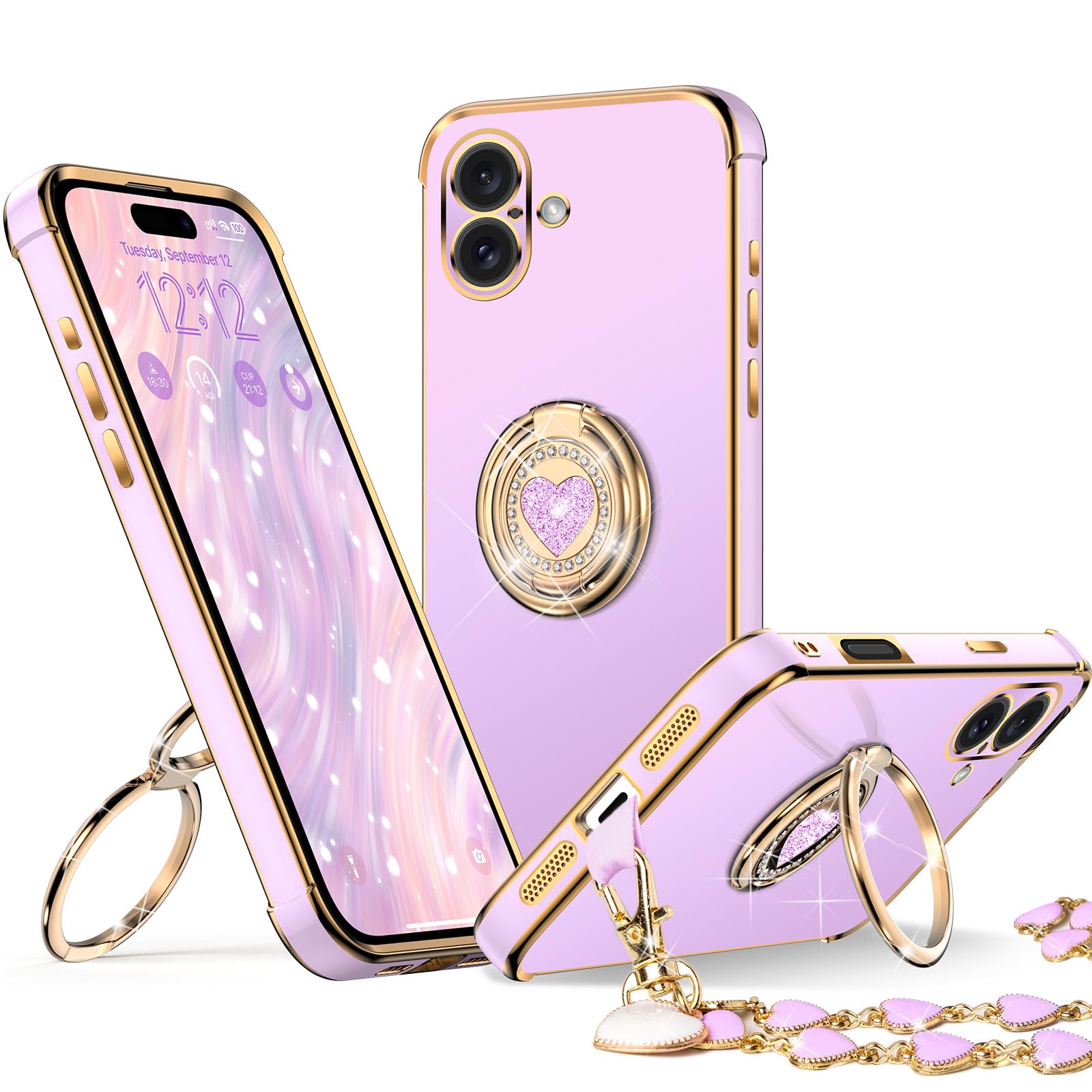 Xyz For Iphone 16 Plus Case With Stand, Phone Case With Double Ring Kickstand, Women Girls Bling Luxury Protective Case Heart Fo