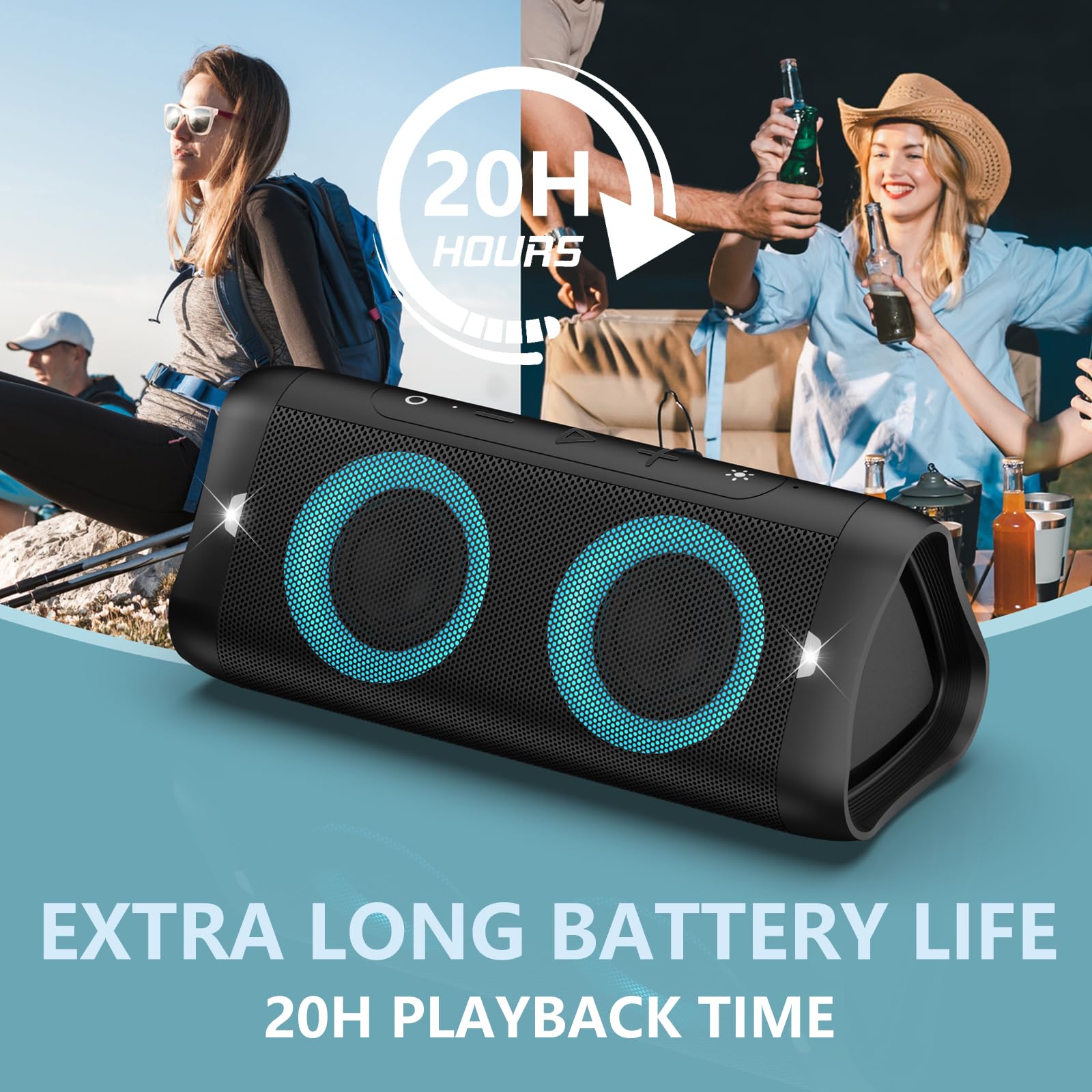 Donow Bluetooth Speaker With Lights, 30W Stereo Sound, Bass Boost, Ipx5 Waterproof, 20H Playtime, Portable Wireless Speaker With