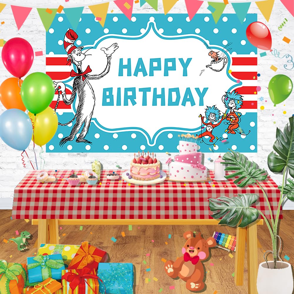 Blue Backdrop For Birthday Party Decorations Background For Baby Shower Party Cake Table Decorations Supplies Cat In The Hat The