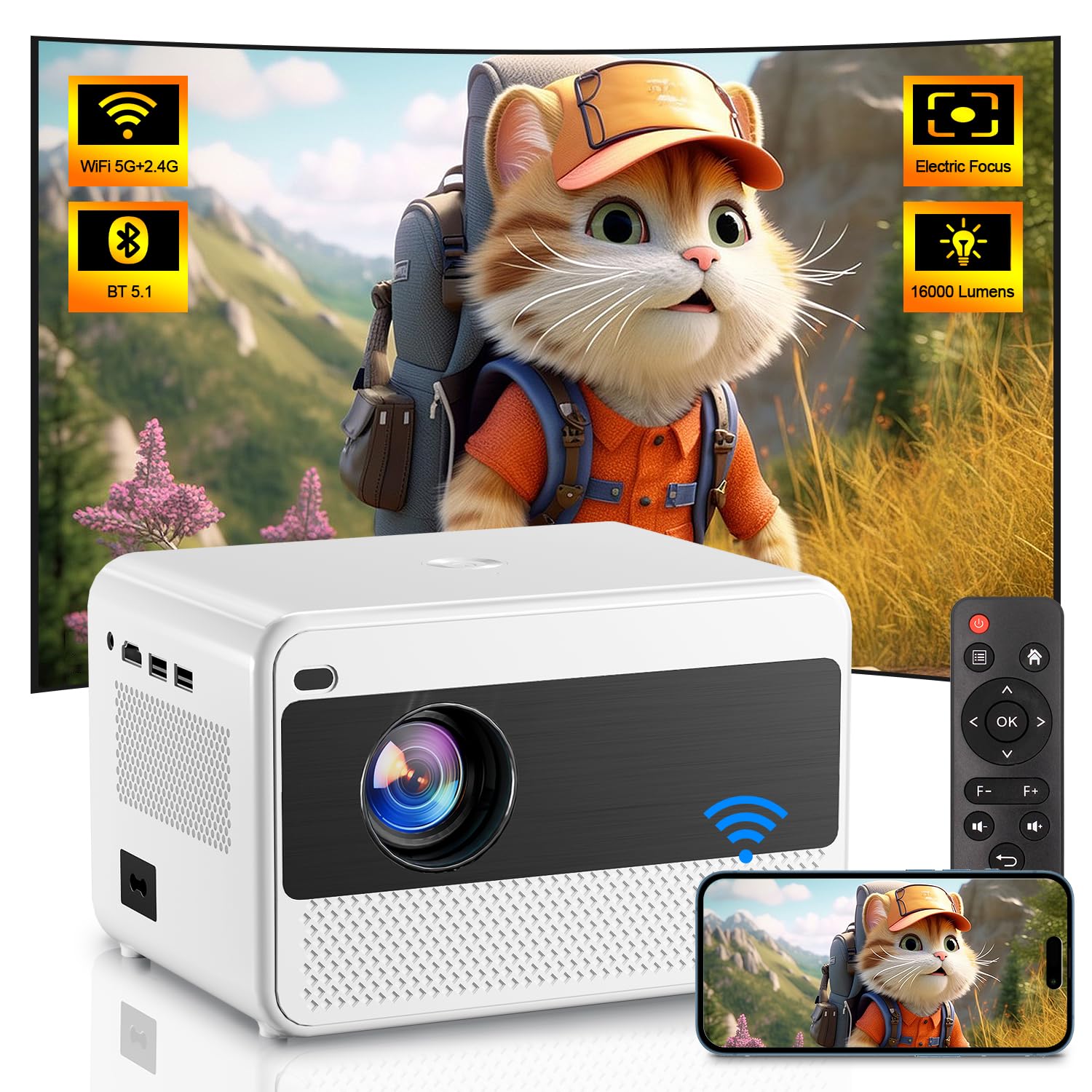 Projector With Wifi And Bluetooth, 16000Lm Indoor Outdoor Portable Projector, Native 1080P Video Movie Projector, Home Projector