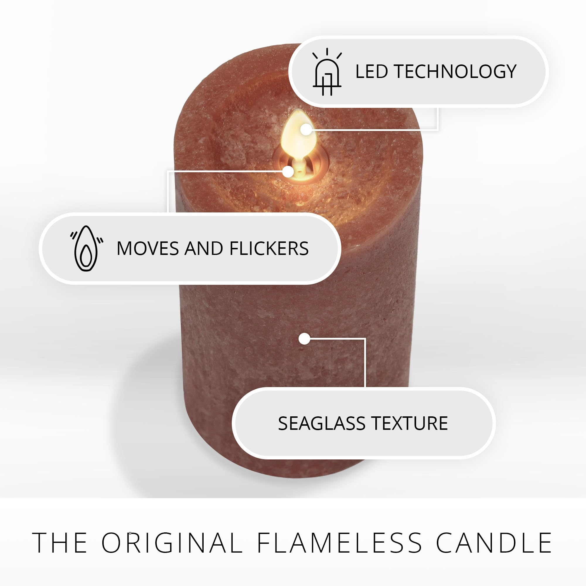 Luminara Sea Glass Flameless Candle, Adobe 3'' X 6.5'', Moving Led Flame Pillar With Timer, Battery Operated, Real Wax, Unscente