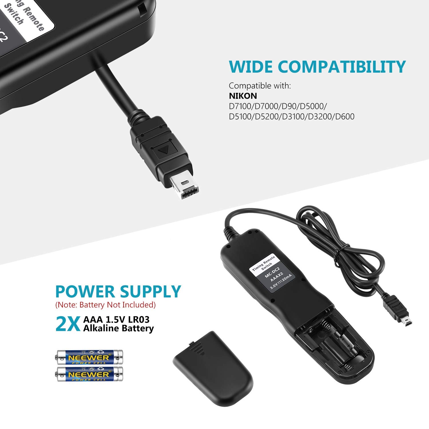 Neewer Digital Timer Remote Shutter Release Trigger(Replacement For Mc Dc2)For Nikon D90 D600 D610 D3100 D3200 D3300 D5000 D5100