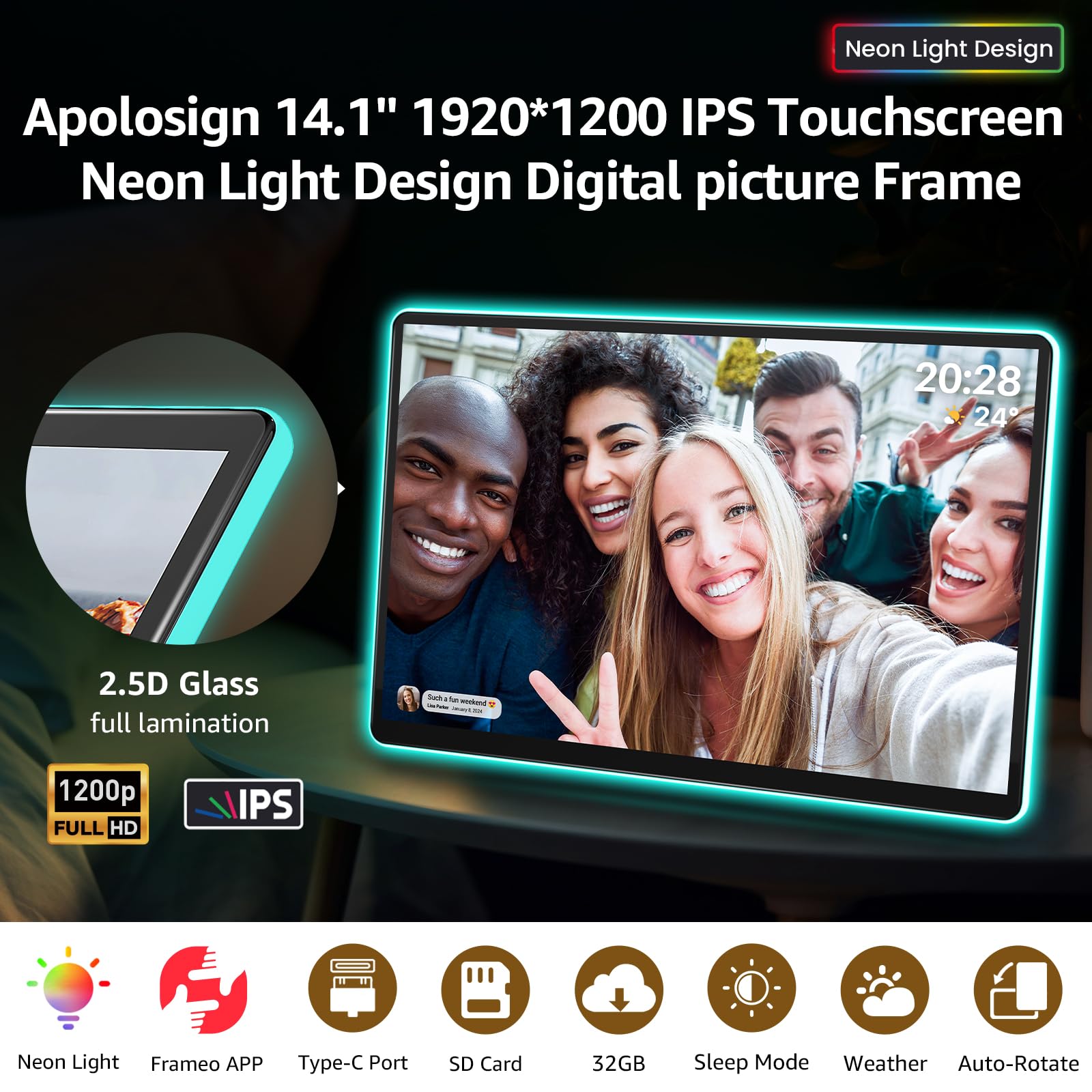 Apolosign 14.1'' Neon Light Digital Frame, 32Gb Storage Smart Digital Picture Frame, Easy Setup, 16:10 Aspect Ratio Glass Lamina