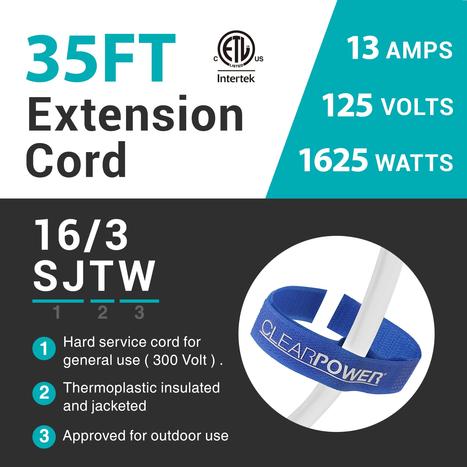 Clear Power 35 Ft Indoor/Outdoor Extension Cord 16/3 Sjtw, White, Water & Weather Resistant, Flame Retardant, 3 Prong Grounded P