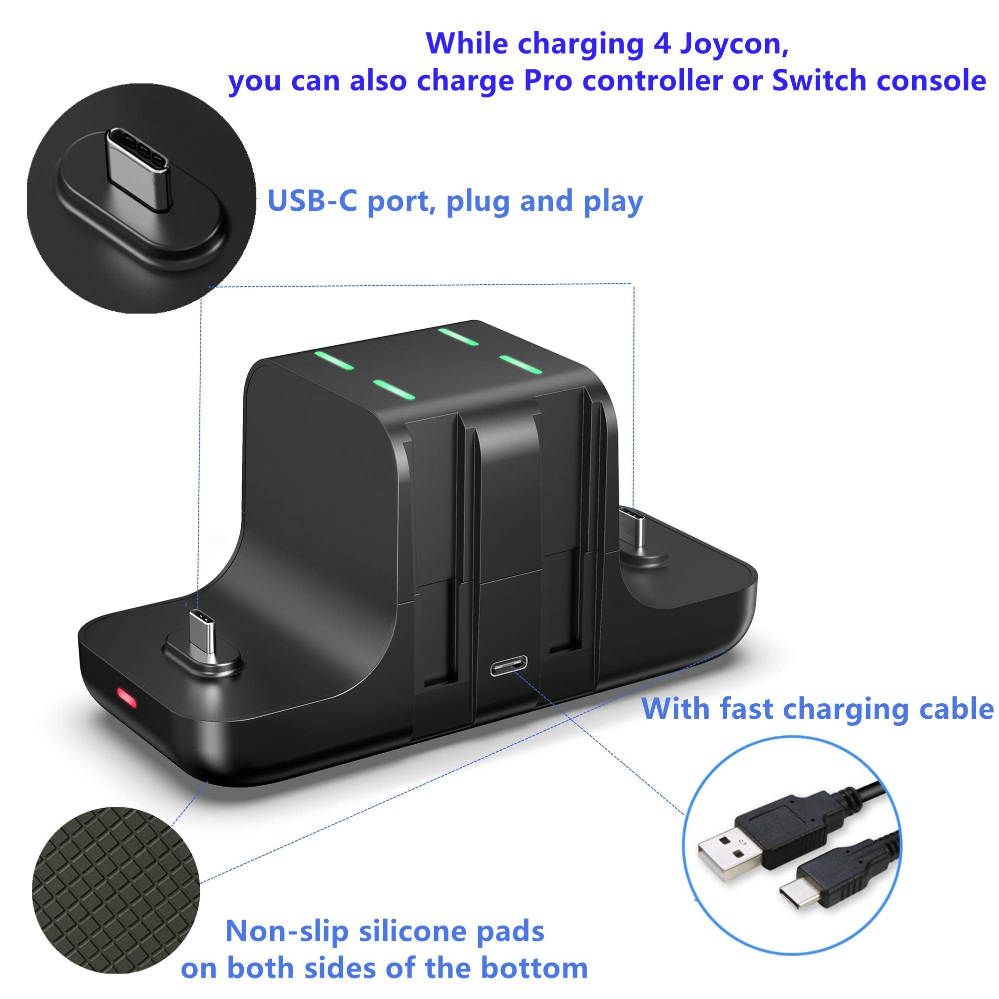Upgraded Controller Charger Dock Station For Nintendo Switch Pro Controller And Joy Con, Fanpl 6 In 1 Charging Stand For Switch