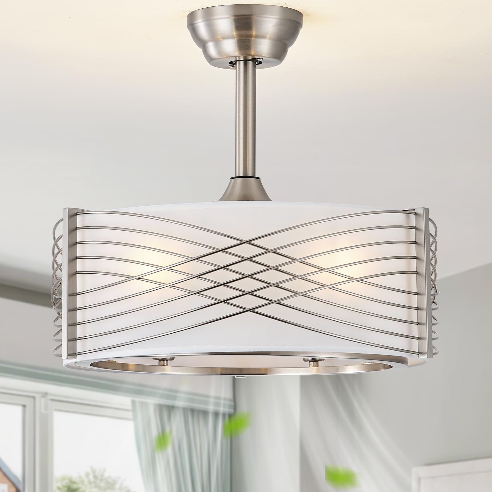 Kaunisva 20 Fandelier Ceiling Fans with Lights, Silver Caged Ceiling Fan with Light Remote Control, Mid-Century Modern with 6 Sp
