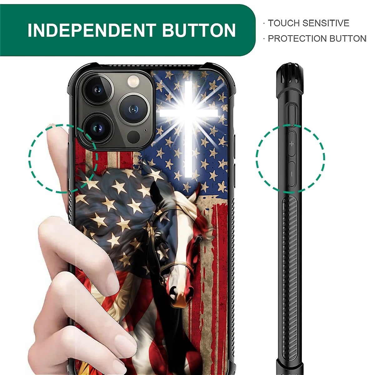 Fkbrcl4U For Iphone 15 Pro Case, Red American Flag Horse Cross Pattern Graphic Design Girl Boy Soft Silicone Hard Acrylic Shock