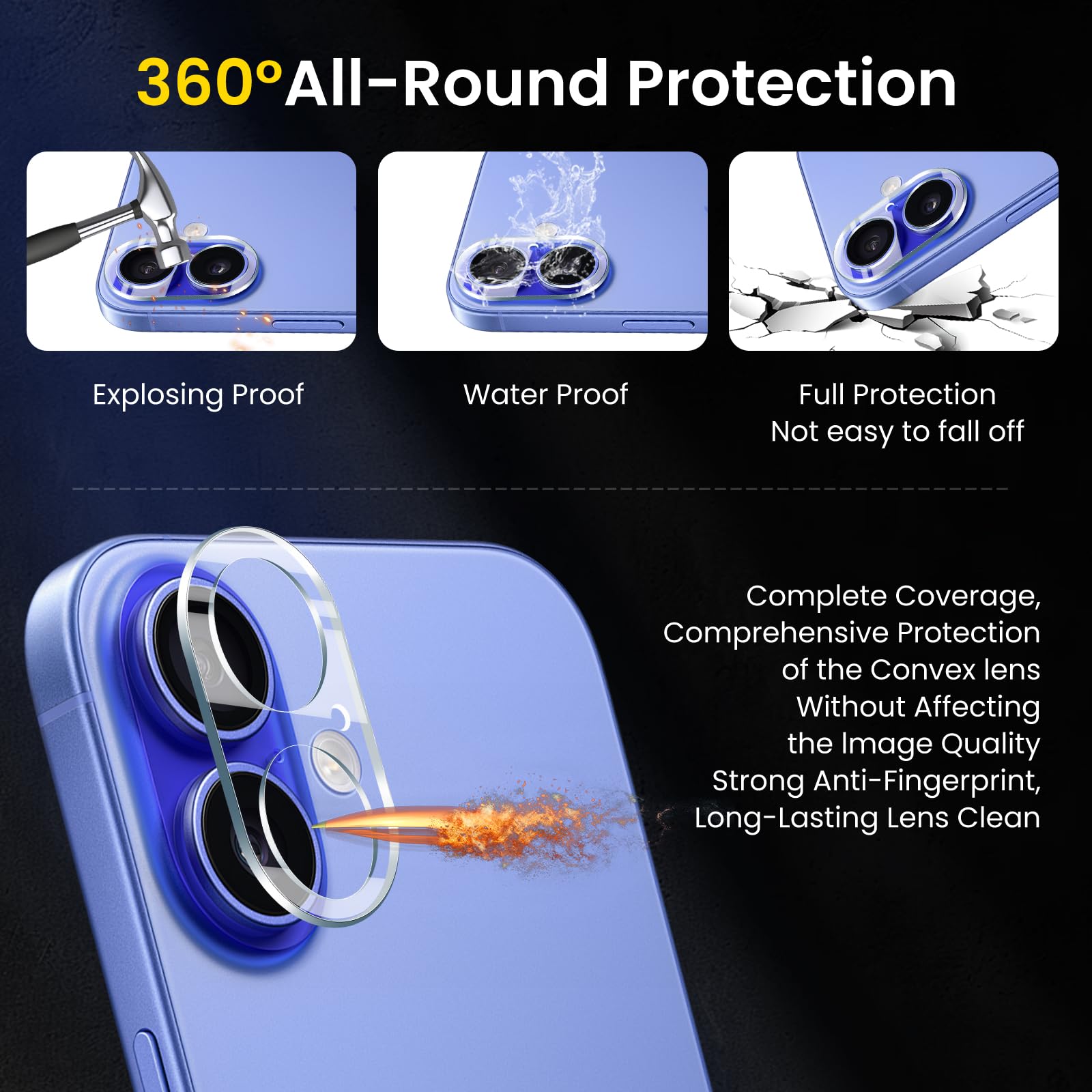 Hlija 3Pcs Rear Back Camera Lens Protector Tempered Glass For Iphone 16/16 Plus   Hd Clear Full Coverage Guard