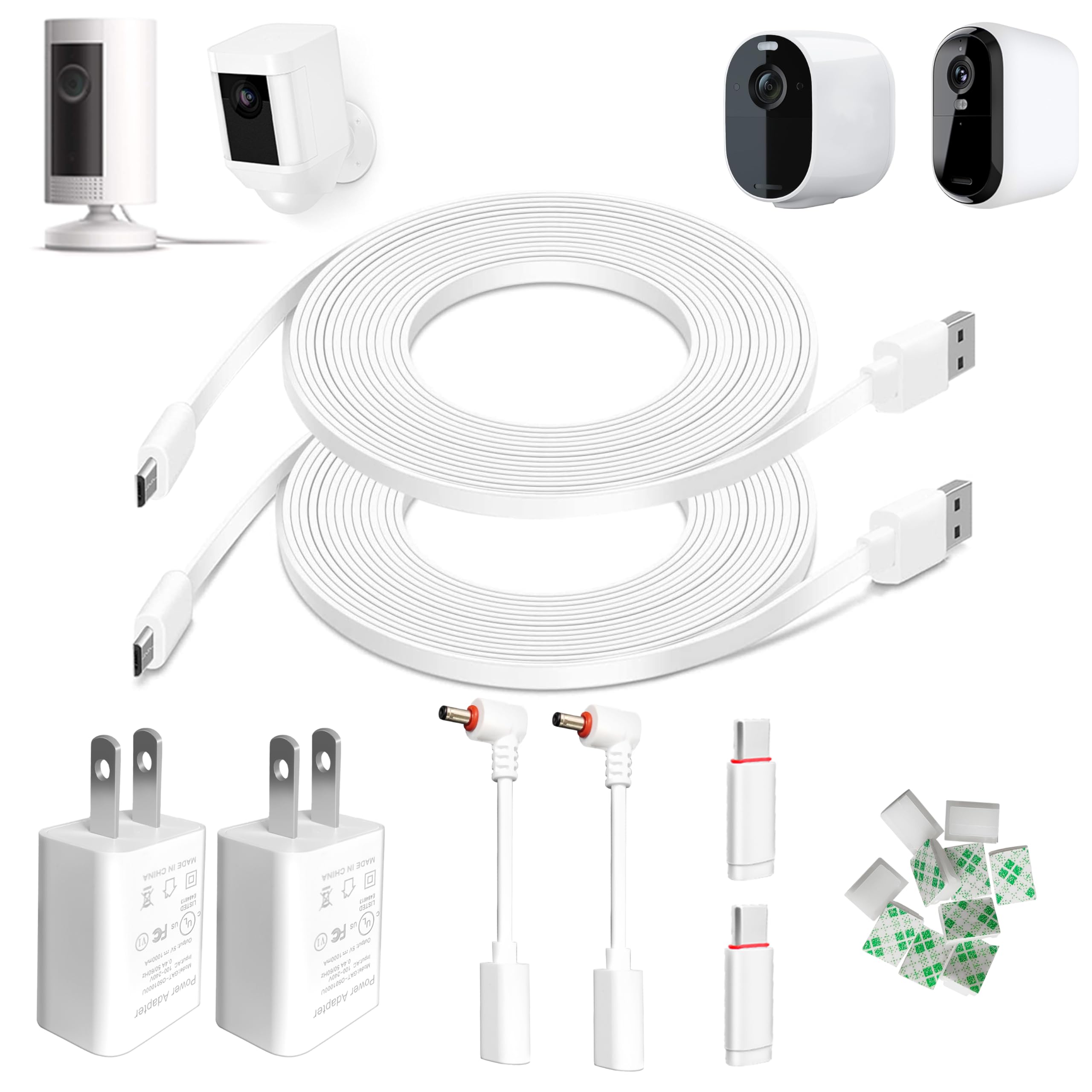 10Ft Flat Power Cord With Adapter For Ring Camera, Ring Spotlight Cam Plus/Pro/Battery, Ring Stick Up Cam Battery,Arlo Essential