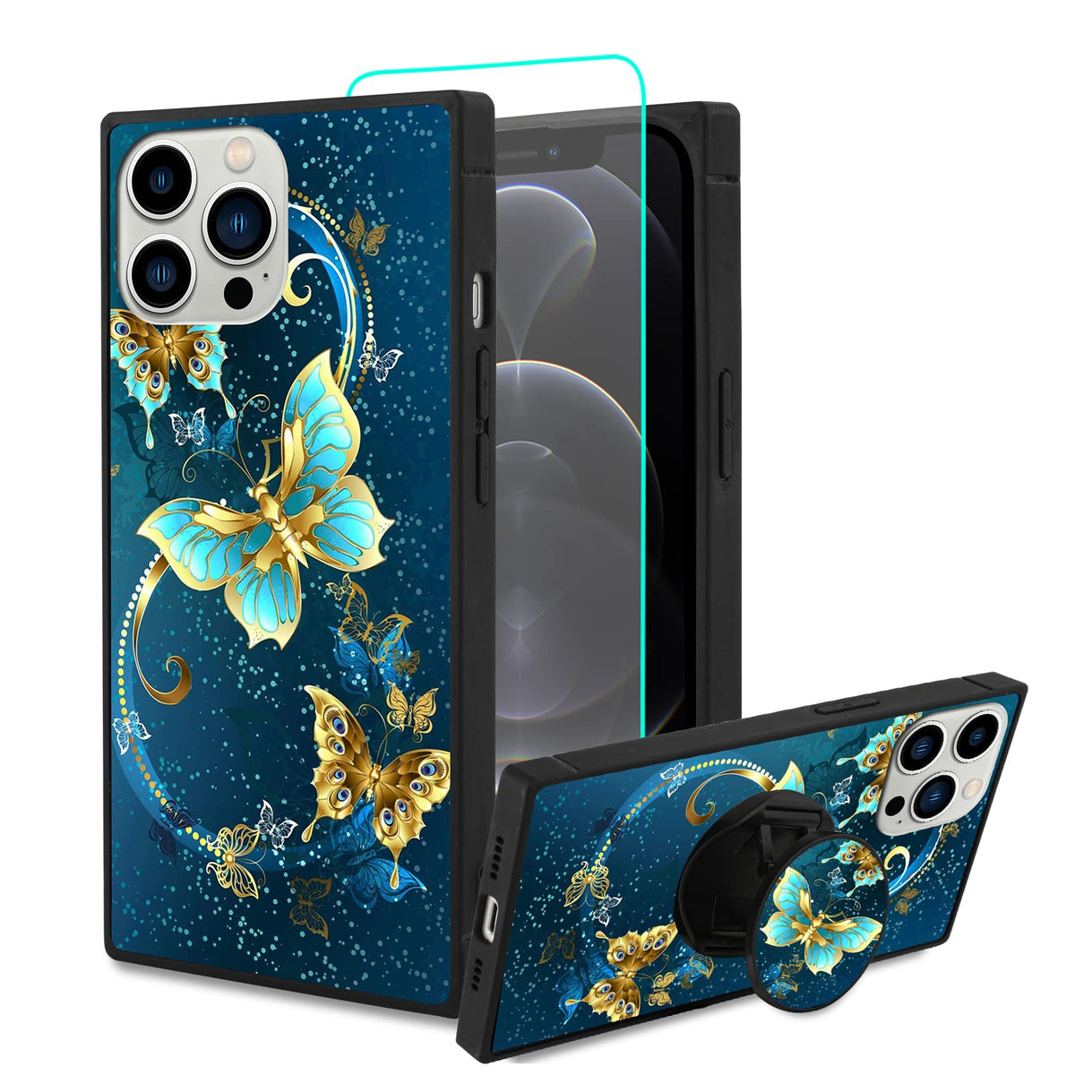 Sakuulo Iphone 12 Pro Max Case,[Screen Protector + Kickstand] Square Cute Blue Butterfly Print Design Soft Tpu Edge Protection S