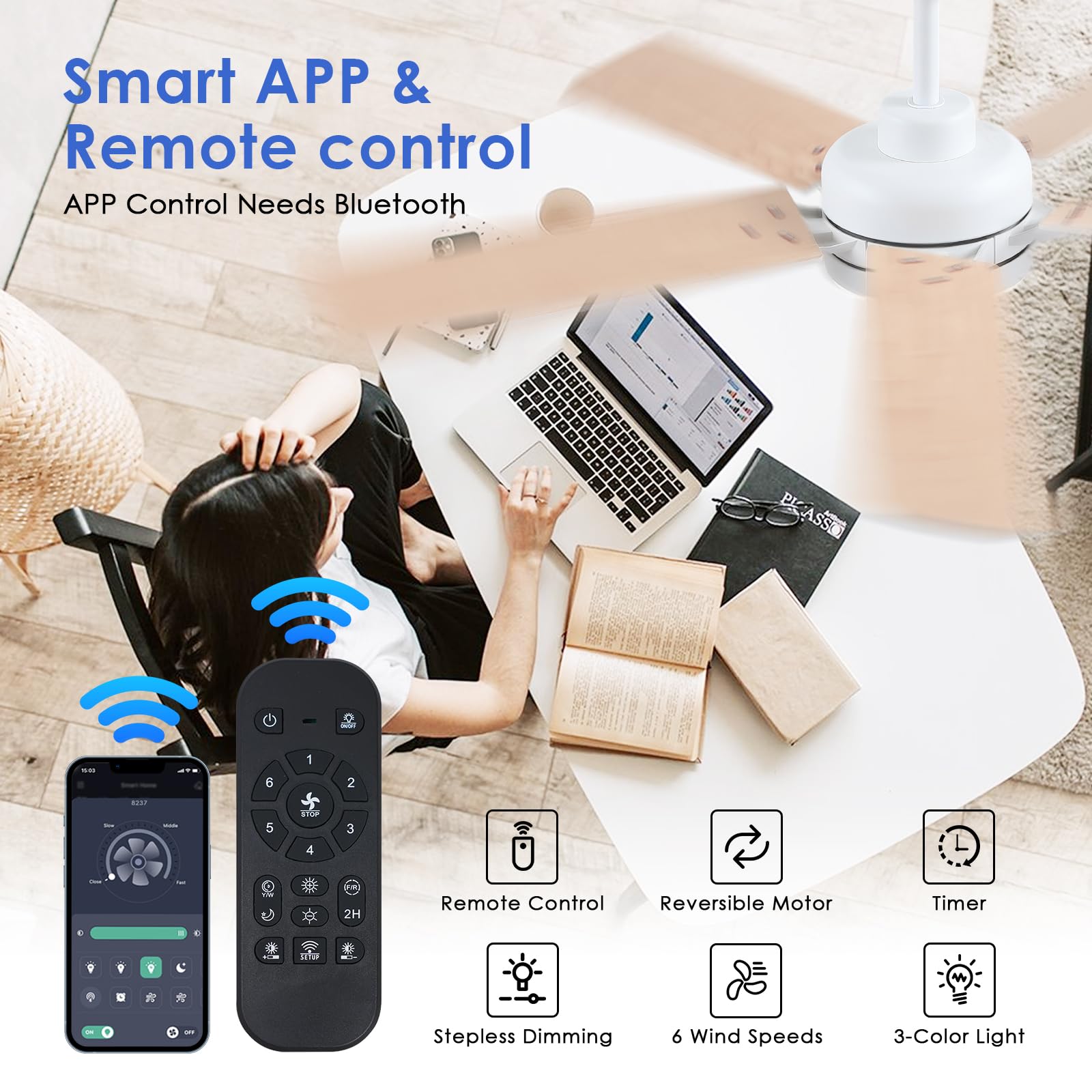 Chesur White Ceiling Fans With Lights   52 Inch Low Profile Ceiling Fan With Remote/App Control, 3Cct Dimmable Led Light, 6 Spee