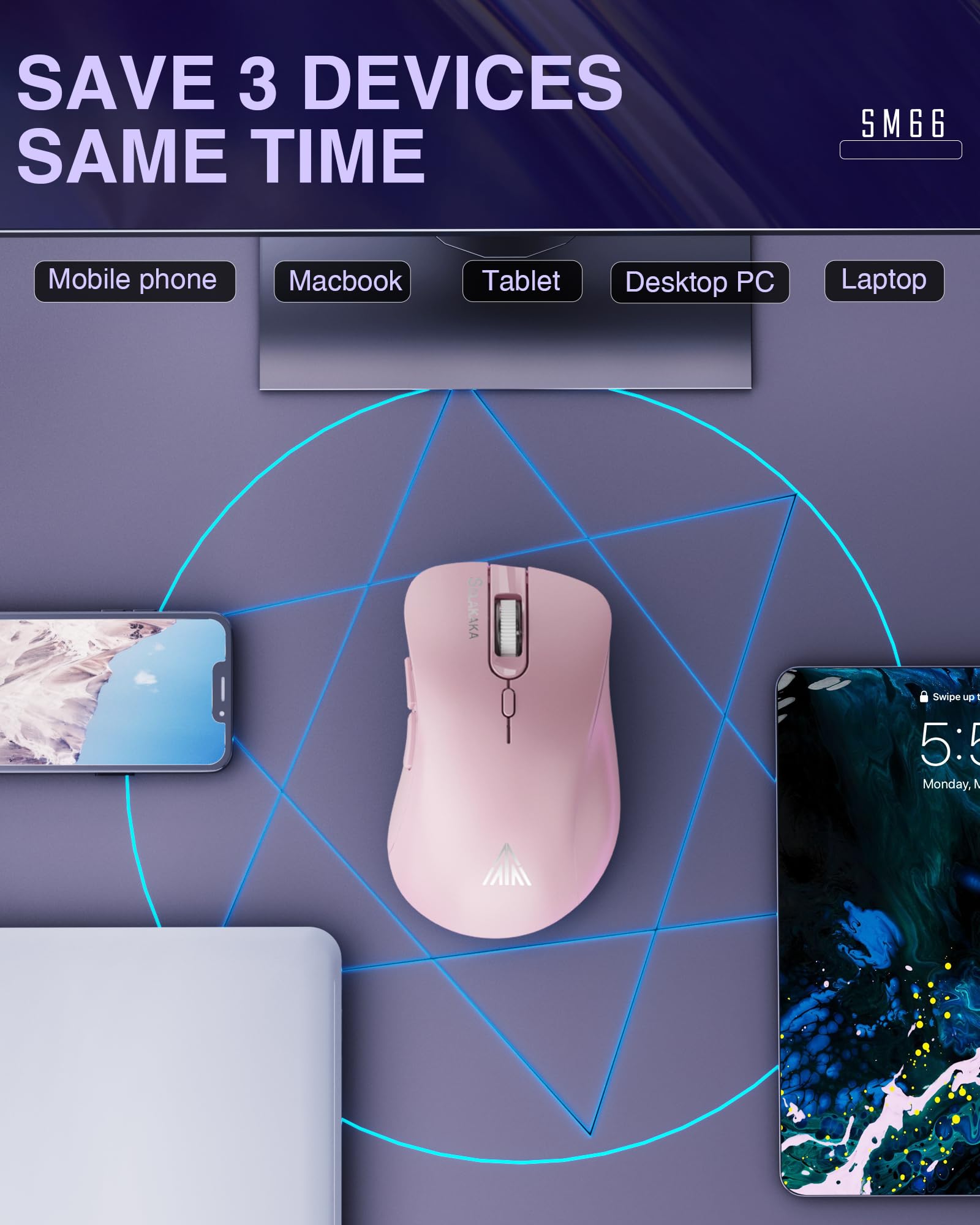 SOLAKAKA Wireless Mouse - Pink, 2.4GHz, Adjustable 4200 DPI, Rechargeable, for PC/Mac/Laptop/Desktop