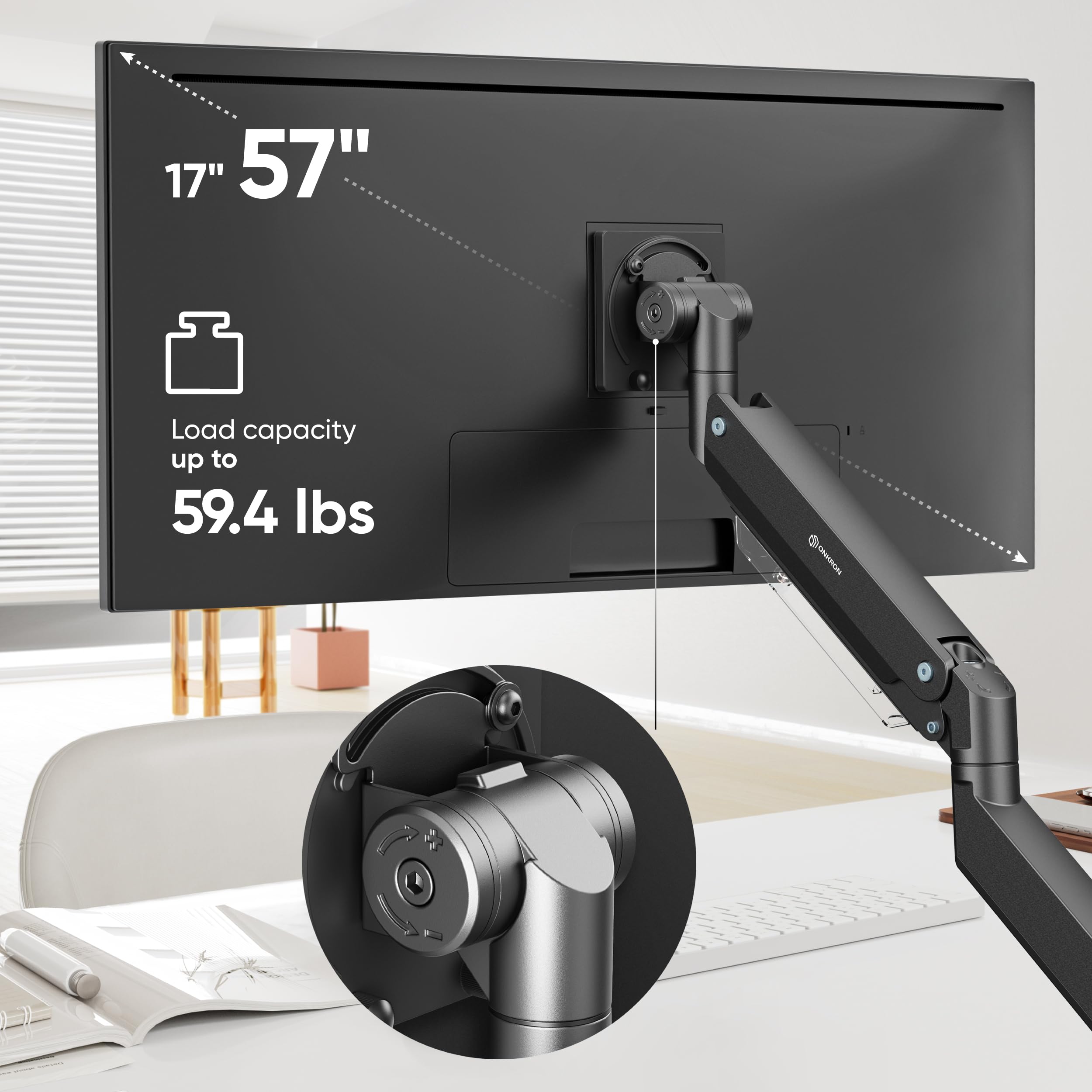 Onkron Heavy Duty Monitor Arm For 17 57 Inch Screens, Single Monitor Arm Desk Mount Up To 59.4 Lbs   Gas Spring Monitor Arm For