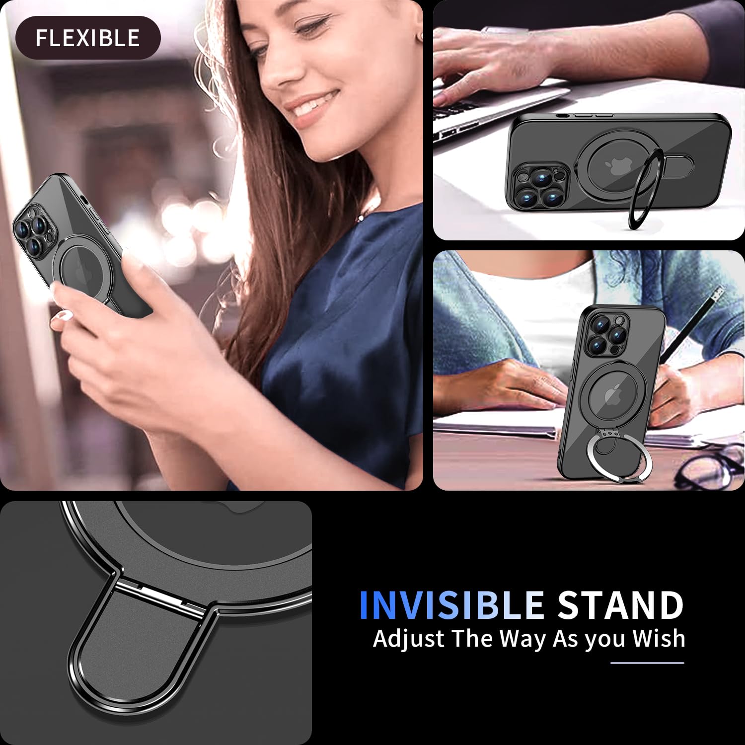 Pmteyoim Magnetic For Iphone 14 Pro Max Case With Invisible Stand[Compatible With Magsafe][Full Camera Lens Protector][Military