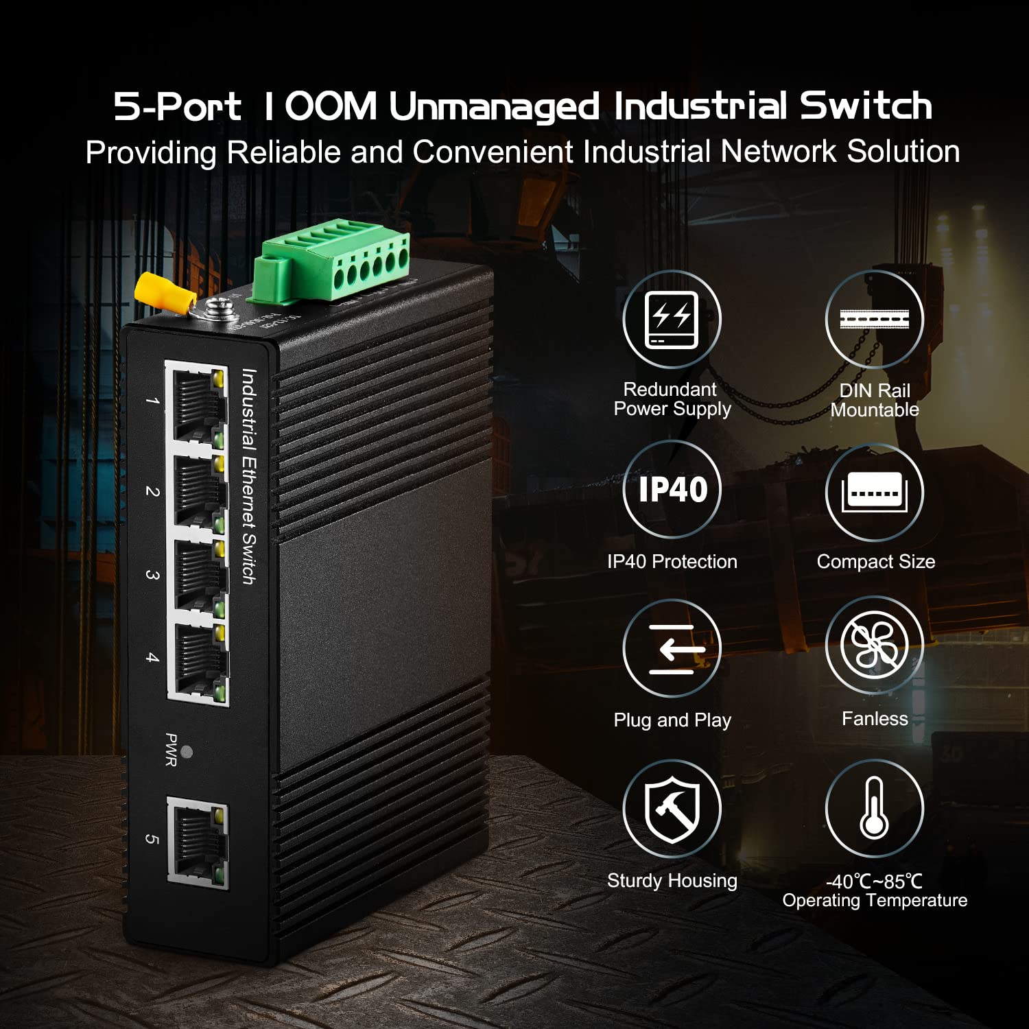Binardat 5 Port Din Rail Industrial Ethernet Switch, 4 Ports And 1 Uplink 10/100Mbps, Fanless Wall Mount, With One Power Supply