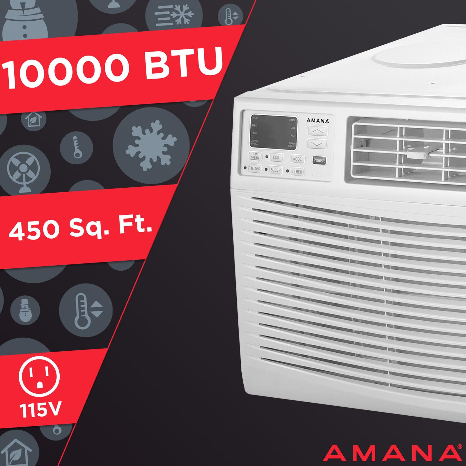 Amana Amap101Bw 10,000 Btu 115V Digital Mounted Air Conditioner And Dehumidifier With Remote Control For Small Medium 450 Sq.Ft, Ac Window Unit For Living Room, Bedroom With Fan Only Mode, White