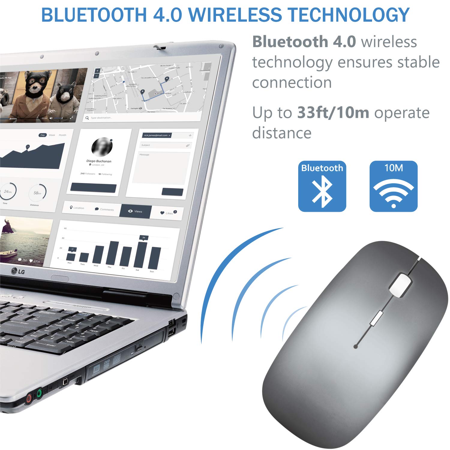 Bluetooth Mouse Wireless Computer Mouse For Macbook Air Mac Pro Laptop Ipad Pc Laser Optical Rechargeable Mouse Mini Slim Silent Mouse Widely Used Desktop Hp Imac (Gray)