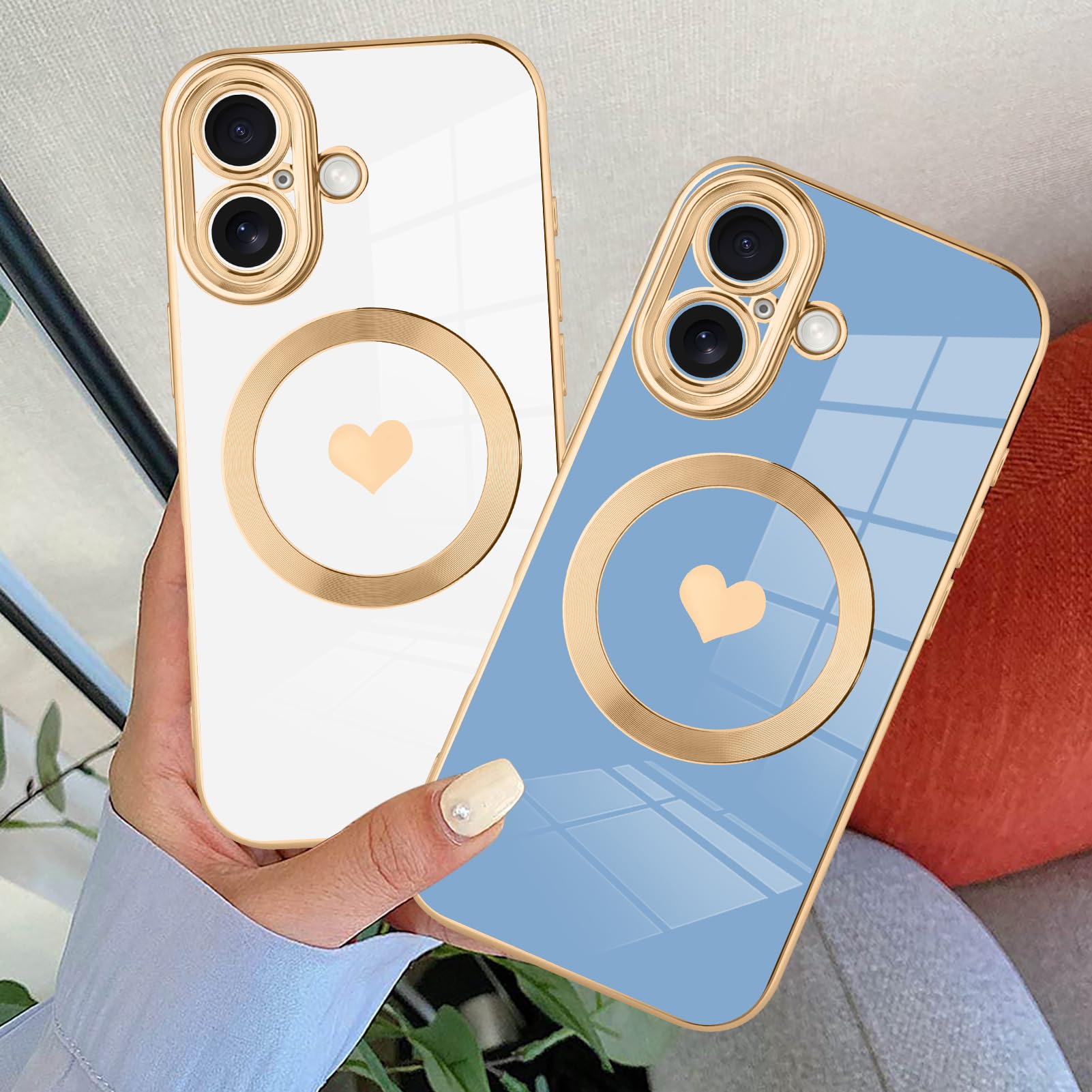 Tharlet Magnetic For Iphone 16 Plus Case [Compatible With Magsafe] Cute Love Luxury Plating Edge Bumper Case With Full Camera Le