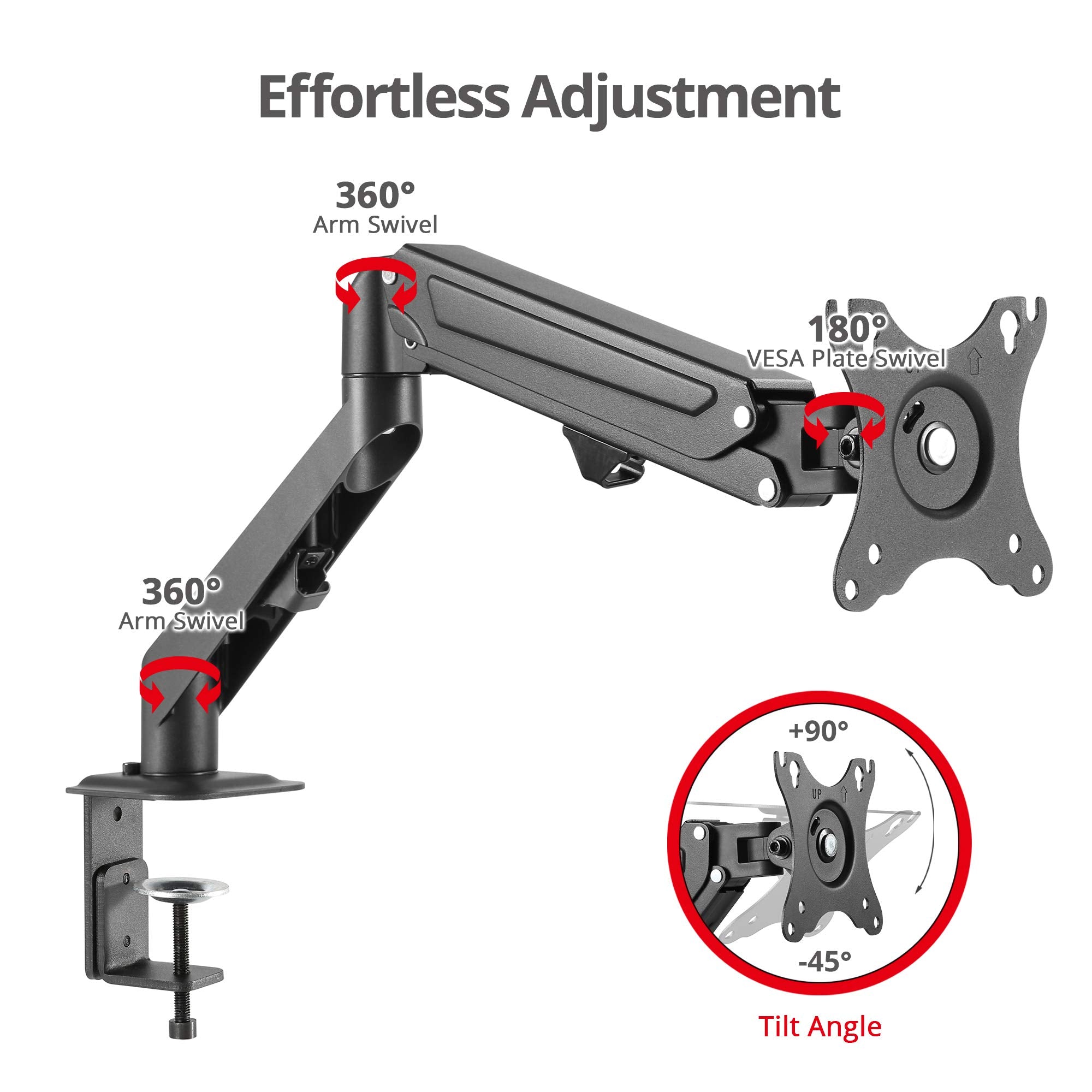 Siig Single Monitor Desk Mount, 17 To 27, C Clamp Base, Premium Gas Spring, Fits Flatcurved Monitor, Fully Adjustable, Load Bear