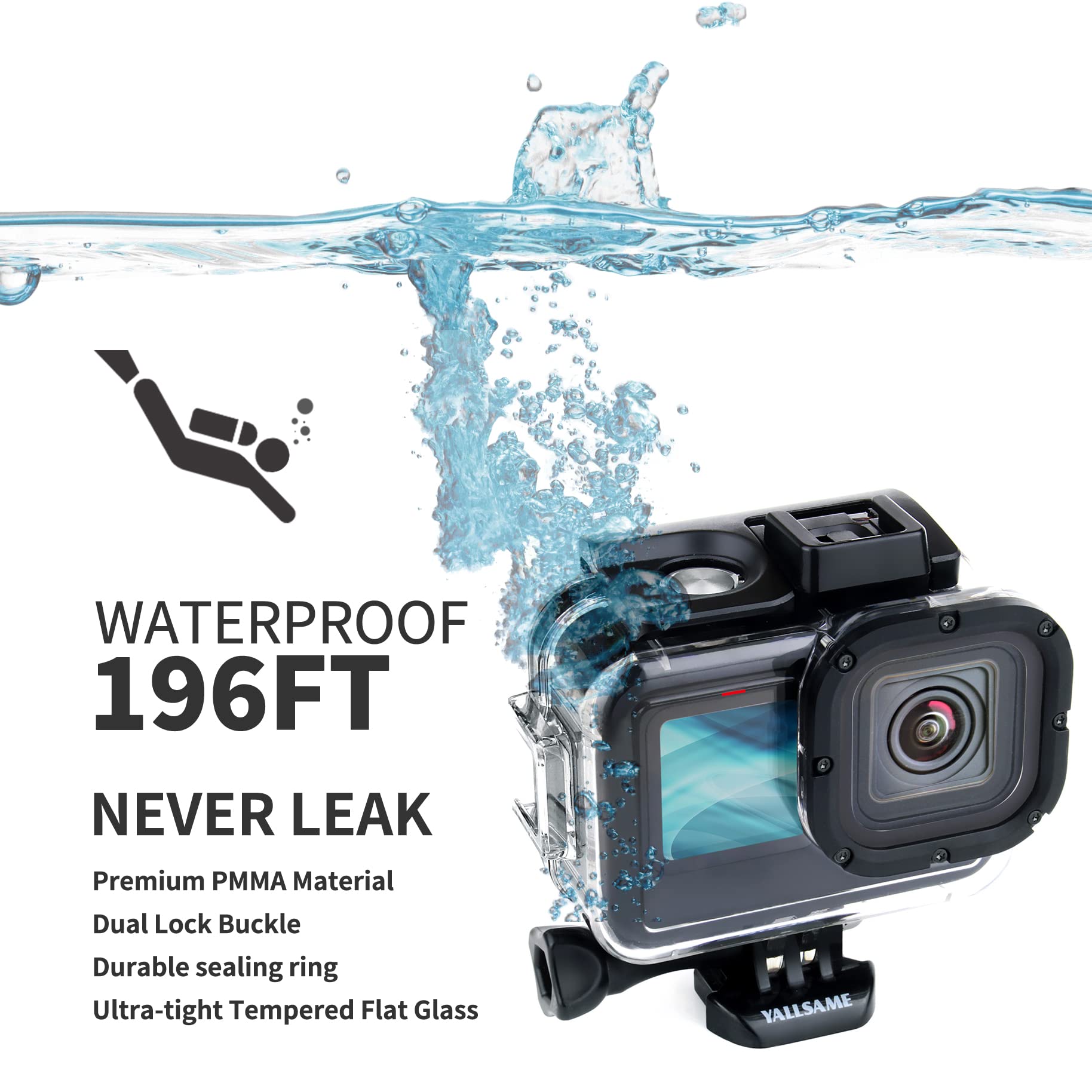 Yallsame Waterproof Case Dive Housing For Gopro Hero 12 11 10 9 Black Action Camera, Support Deepest 196Ft Underwater Pritective