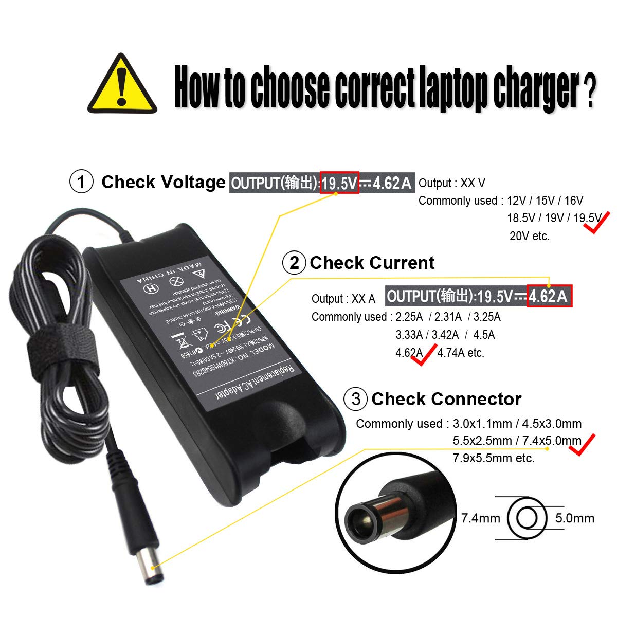 90W 19.5V 4.62A Ac Charger Compatible With Dell Inspiron 17R N7110 N5110 1720 1537 1564 N4110 3721 6000 6400 Latitude E6410 E4310 3450 3543 E4300 E6220 E6400 E6510 Xps M1330 M1530 Studio 1737 1558