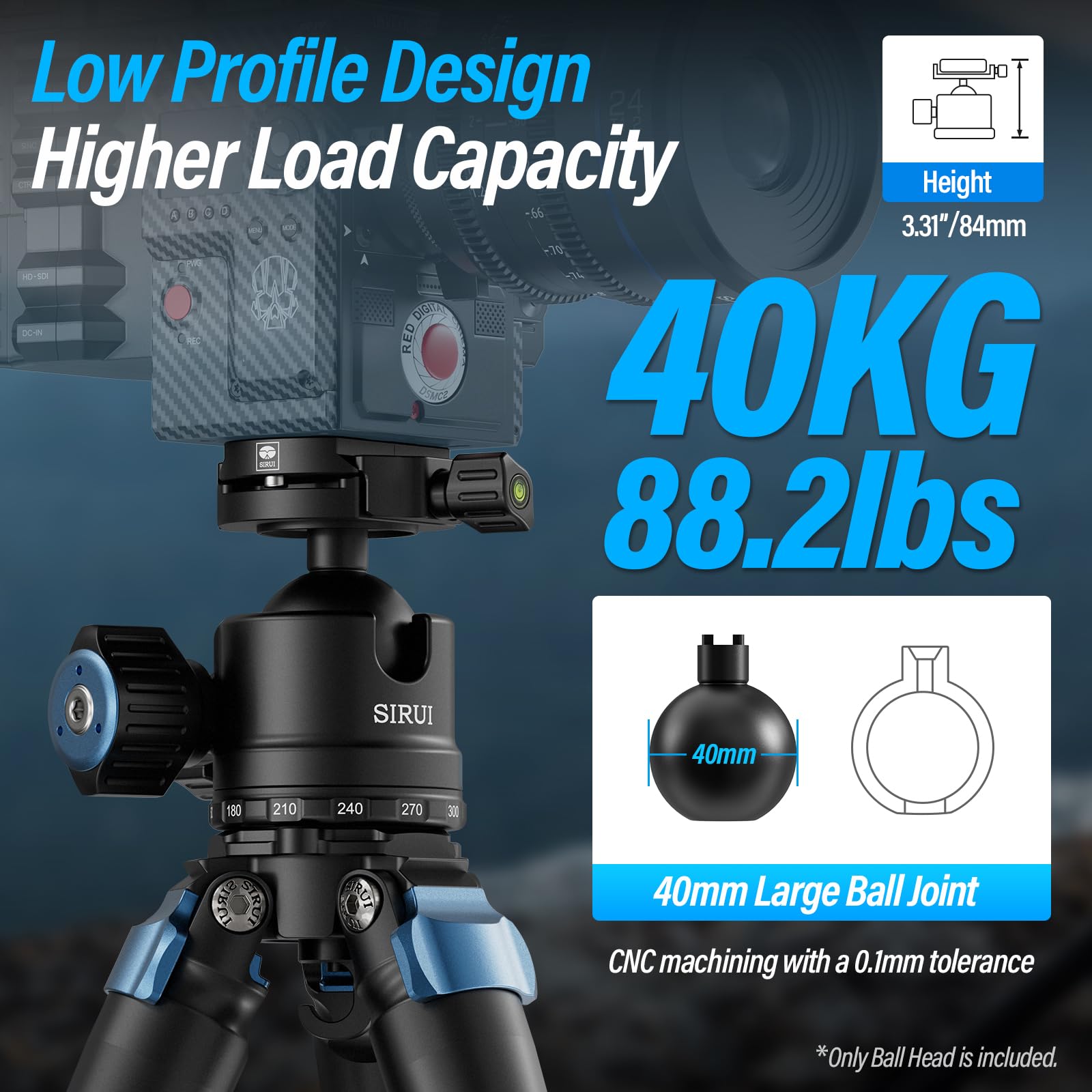 Sirui Am 40 Low Profile Ball Head, Professional Heavy Duty 40Mm Tripod Ball Head, 360� Panoramic Cnc Aluminium Alloy Tripod Head For Dslr Camera, Camcorder, Quick Release Plate, Max Load 88Lbs/40Kg