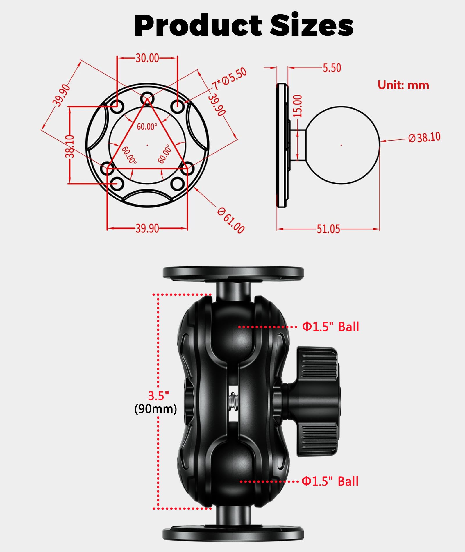 Vazeswin Aluminum Alloy Electronic Device Mount With 1.5'' Ball Round Plates, 3.5'' Short Arm Fish Finder Mount Tablet Holder, C