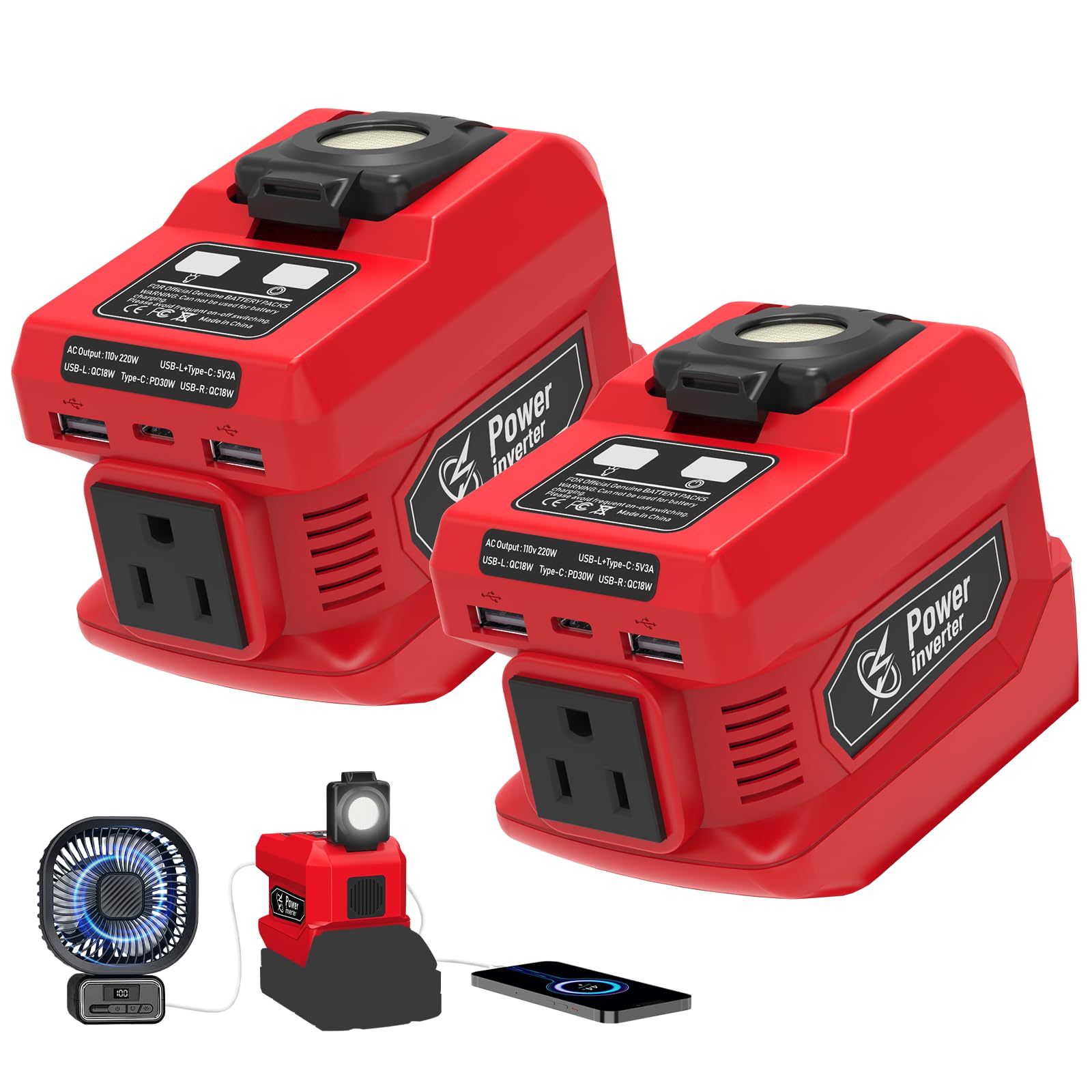 Mightrench 2 Pack 220W Power Inverter Compatible with Milwaukee 18V Battery, DC 18V to AC 110V-120V Portable Power Generator, In