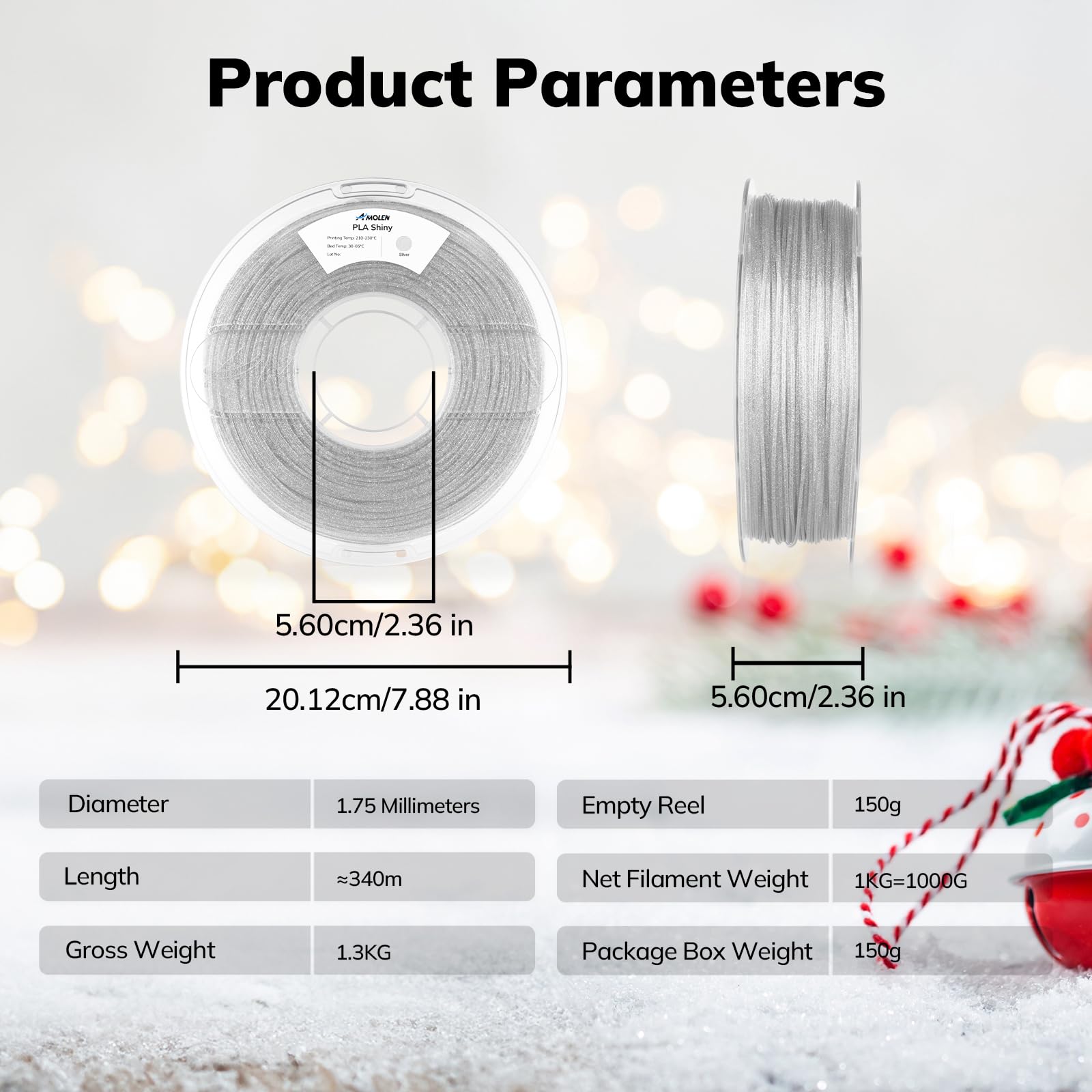 Amolen Shiny Glitter Pla 3D Printer Filament 1.75Mm Shiny Silver With Sparkles And Glitters Dimensional Accuracy +/  0.02Mm 1Kg/