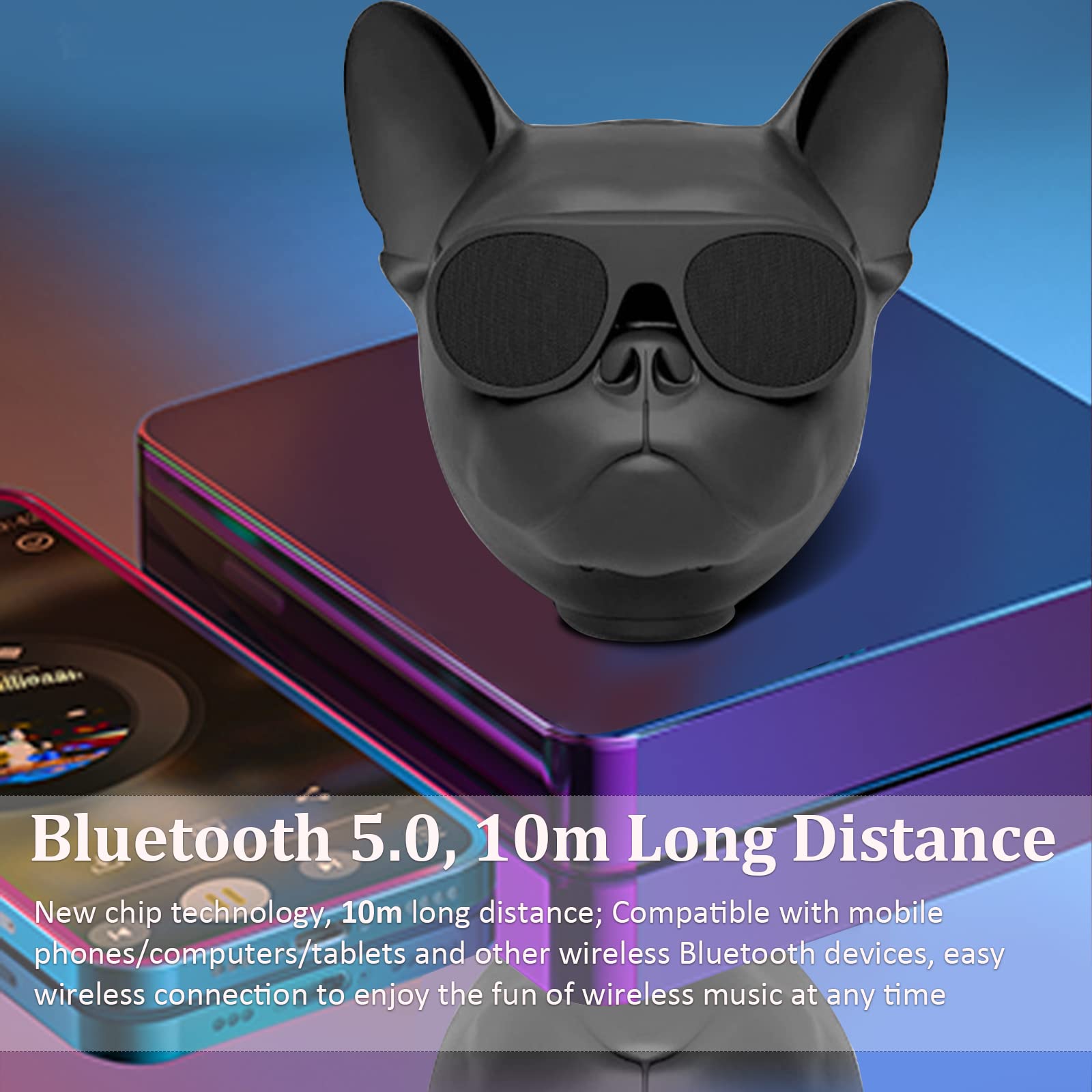 Portable Bluetooth Speaker, French Bulldog 10W Stereo Sound Music Player Bluetooth 4.1 Speaker With 32G Extension, Radio Function, Support Voice Command, Built In Battery