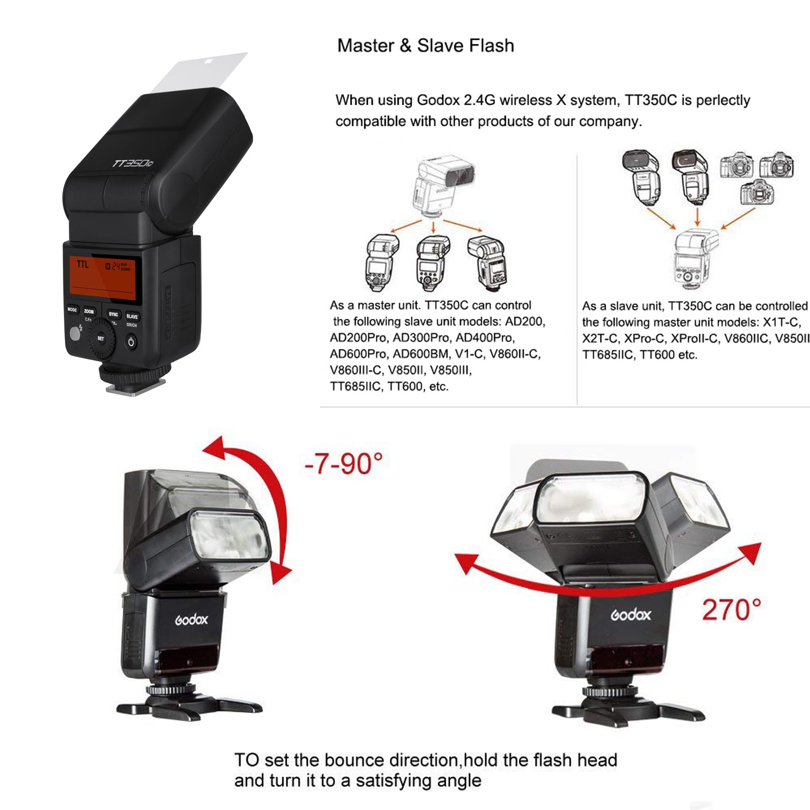 Godox Tt350C Flash For Canon Camera, 2.4G Wireless Speedlight Canon Gn36 1/8000S Hss Speedlite, Mini Thinklite Ttl Camera Flash