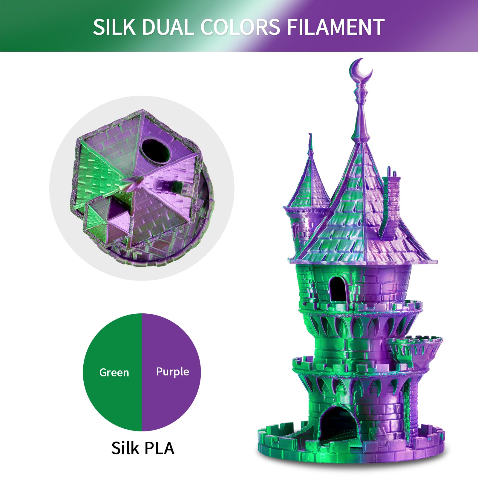Eryone Silk Dual Color Filament Pla 3D Printer 1.75Mm +/  0.03Mm, Coextrusion Filament Pla Shiny Filament 1Kg(2.2Lbs), Purple&Gr