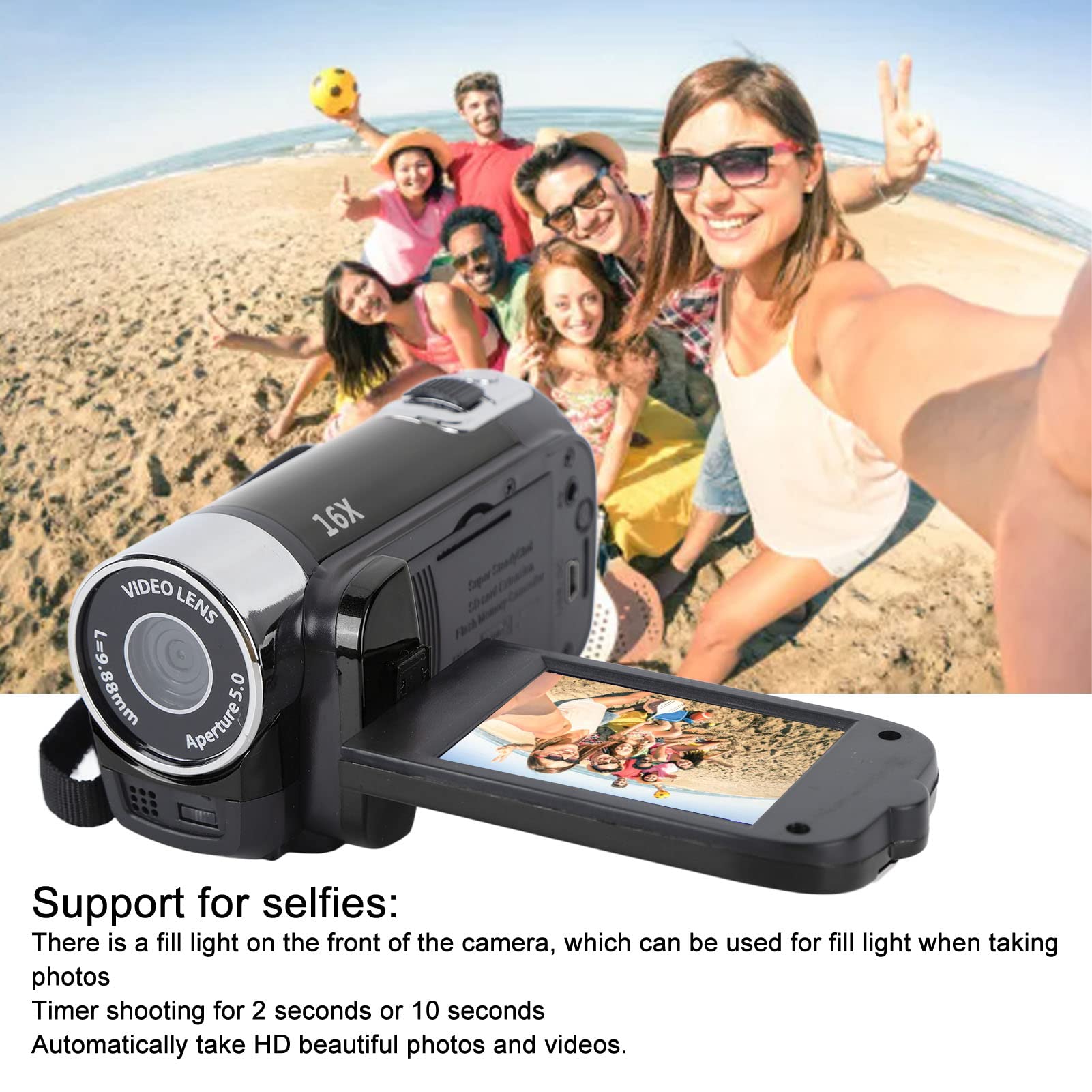 Handheld Video Camcorder, 1080P 16Mp Camera 16X Digital Zoom Video Camera With 2.7In Tft Rotatable Screen And Usb Cable (Black)