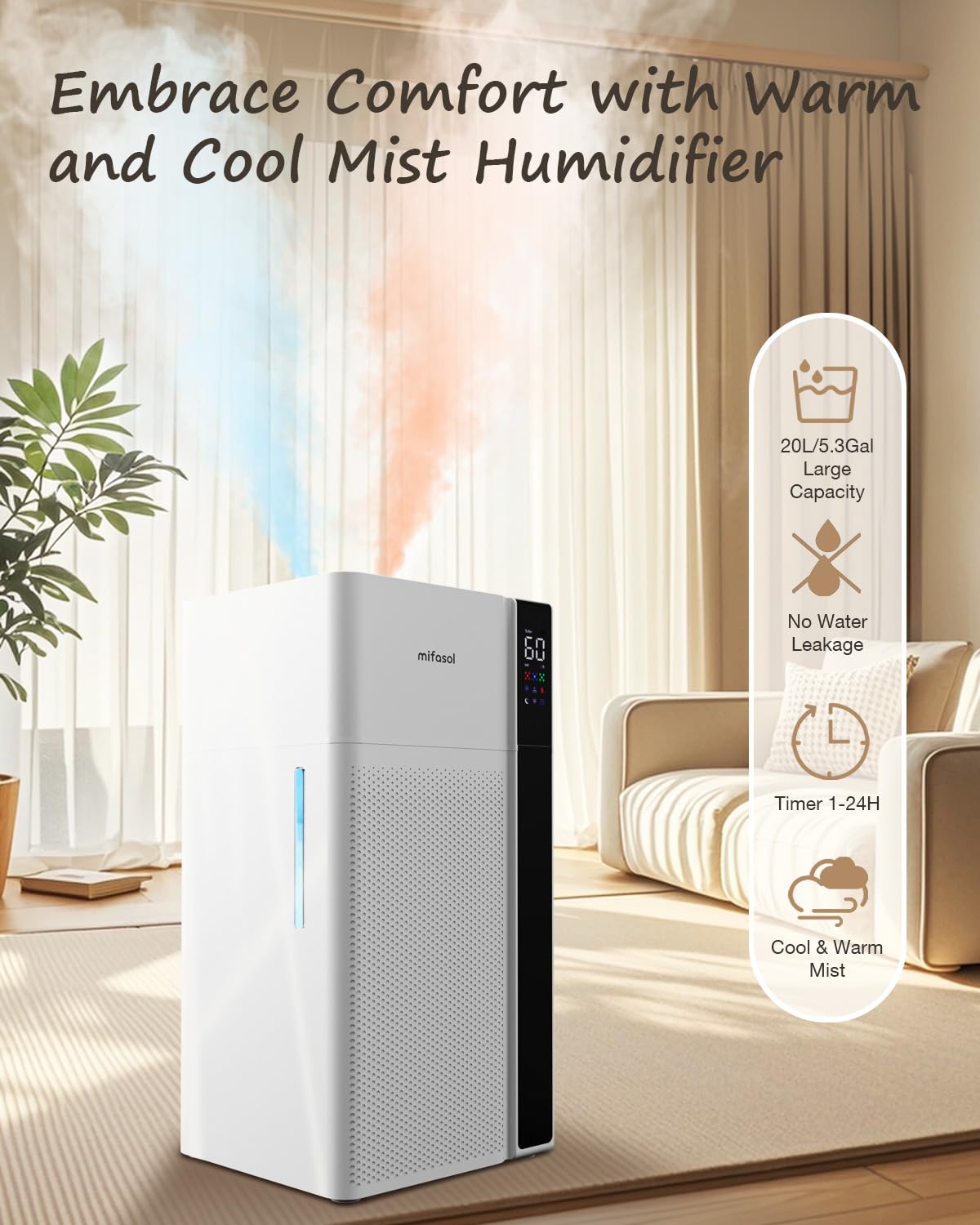 Mifasol Warm And Cool Mist Humidifier Large Room, 5.3Gal/20L Whole House Humidifiers For Home, Quickly & Evenly Humidify Larger