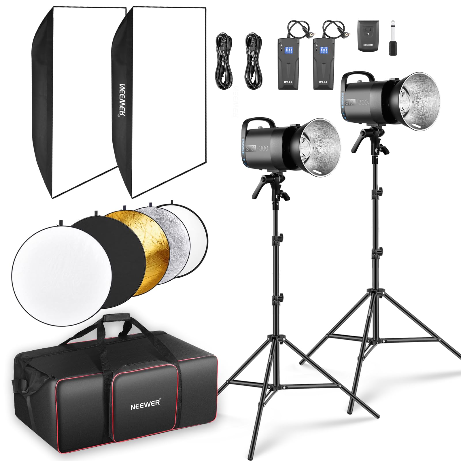 NEEWER 600Ws Studio Monolight Flash Light Kit: 2 Pack S101-300W 5600K Strobe Lights with 150W Modeling Lamps/Bowens Mount/Softbo